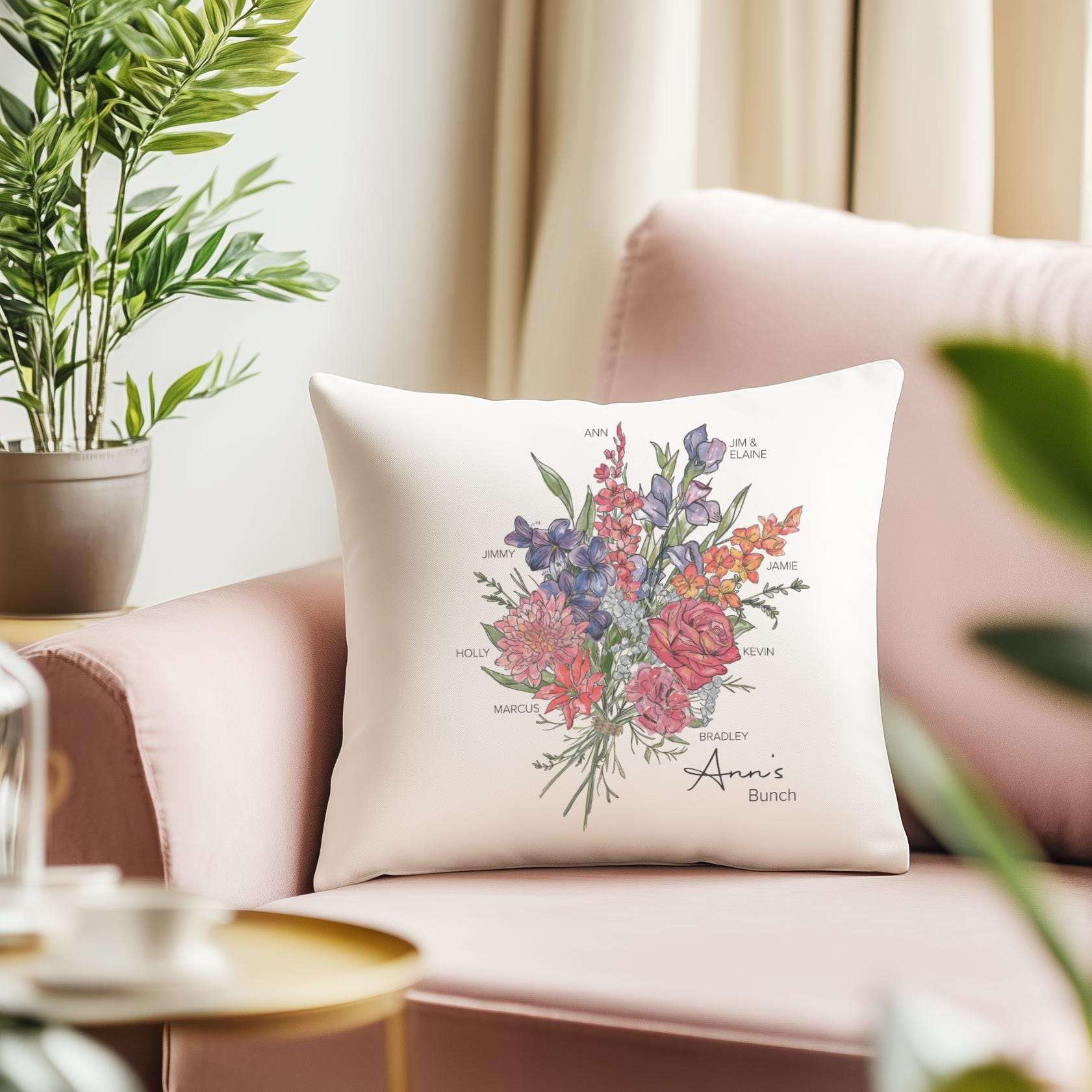 Personalised family cushion featuring a watercolour bouquet of birth month flowers with family and individual names, ideal gift for Mum