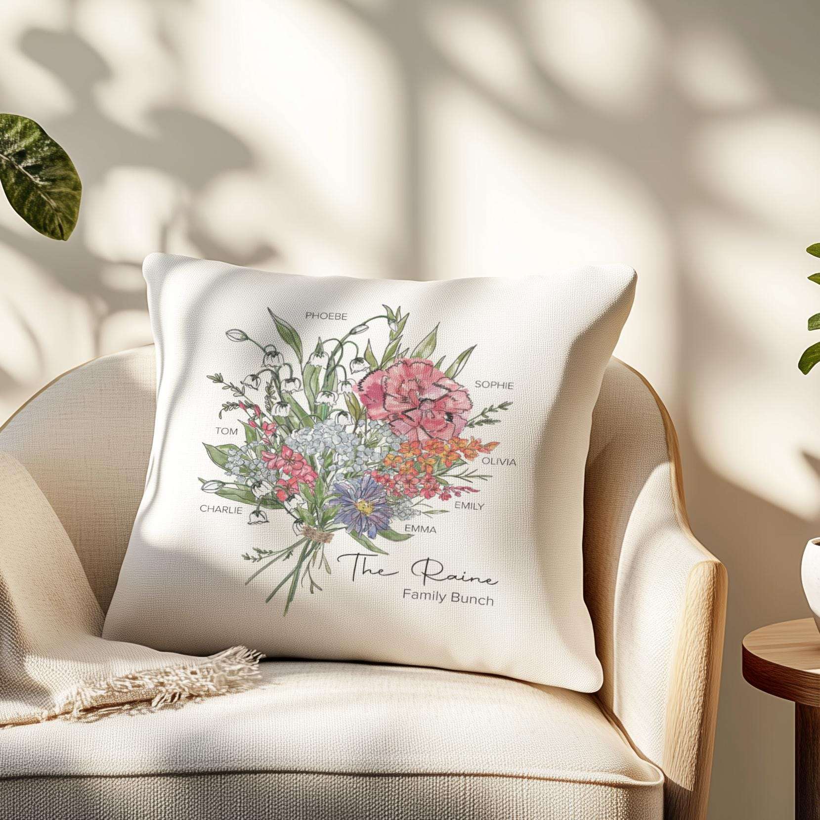 Personalised family cushion featuring a watercolour bouquet of birth month flowers with family and individual names, ideal gift for Mum