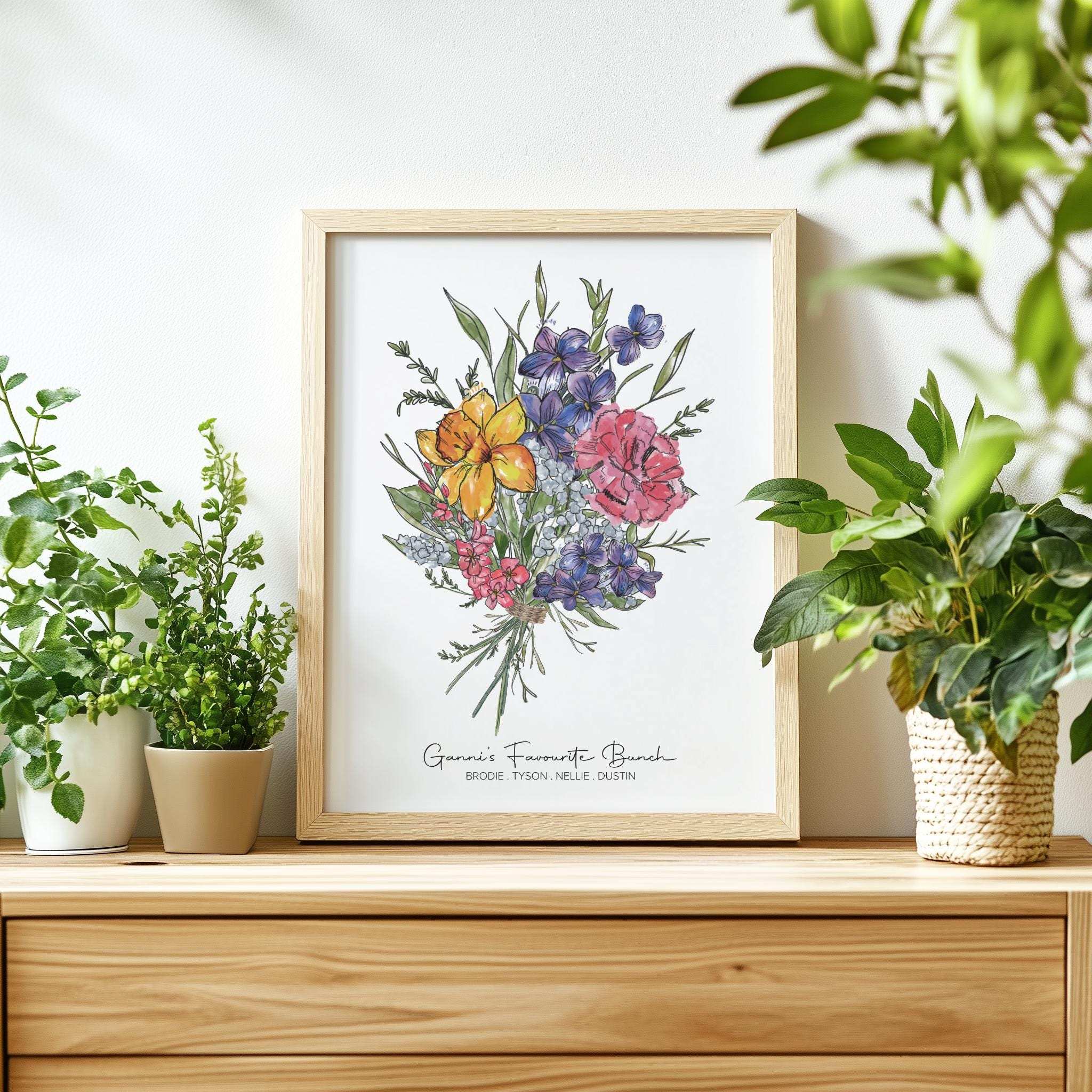 Custom digital watercolour family print showing a birth month flower bouquet, personalised with family names and surname