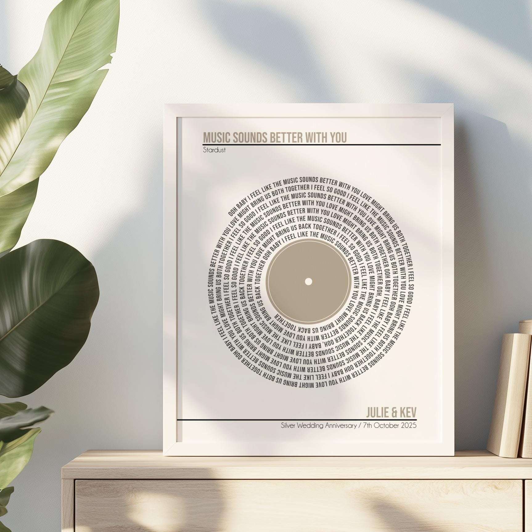 Personalised digital print featuring custom song lyrics arranged in a spiral, with a custom message and couple's names