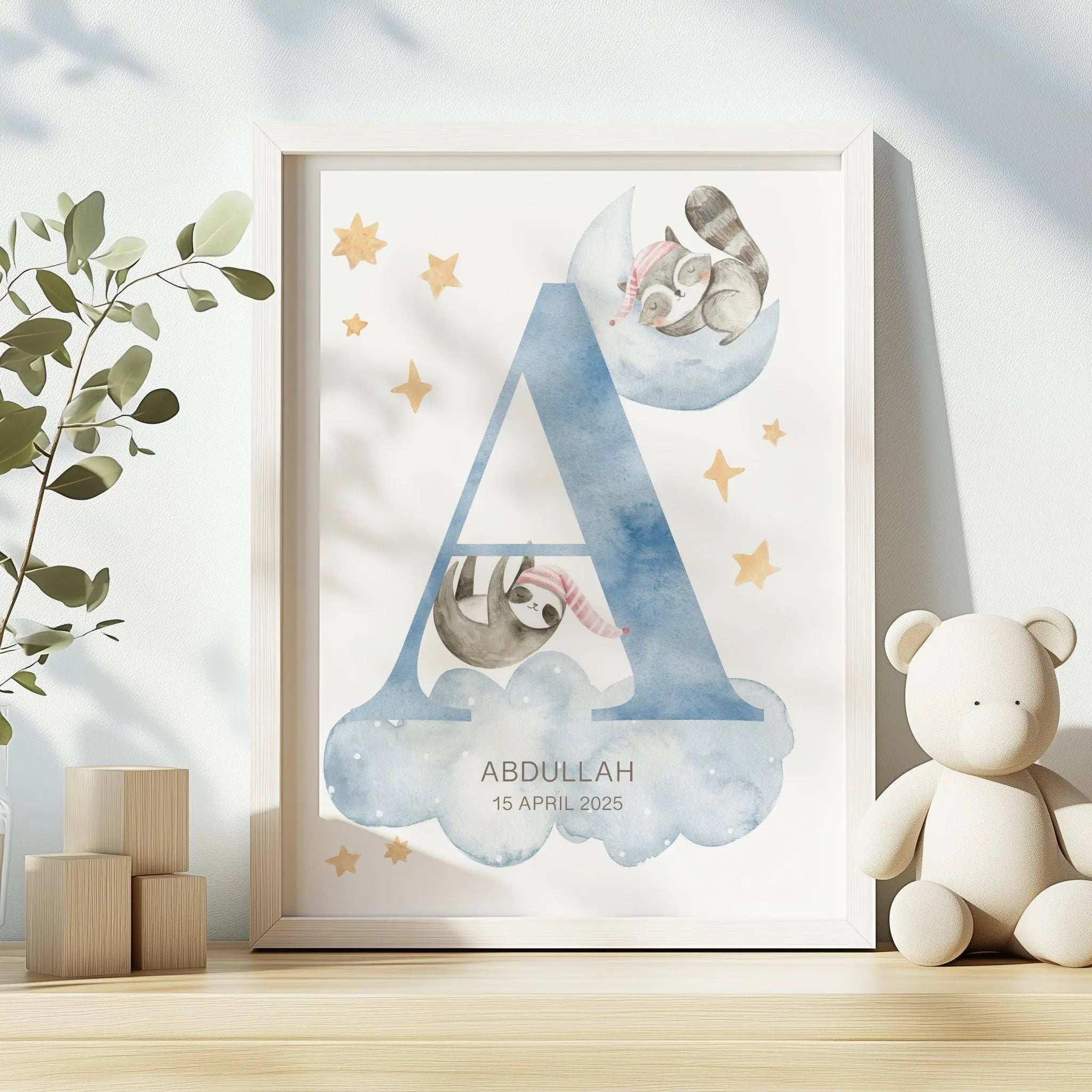 Personalised nursery print featuring two watercolour sleeping animals, soft clouds, and stars, ready for framing