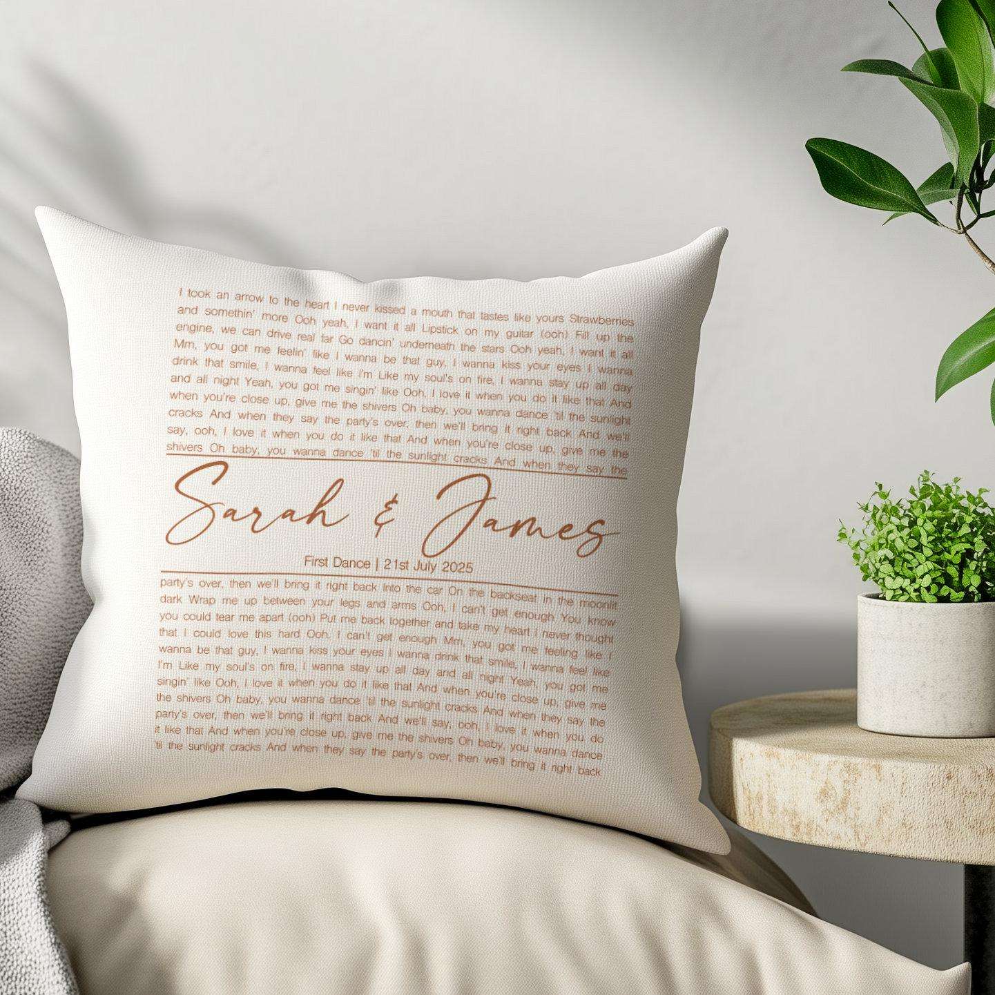 Personalised cushion featuring custom song lyrics in a spiral design, perfect for a wedding anniversary gift for a couple