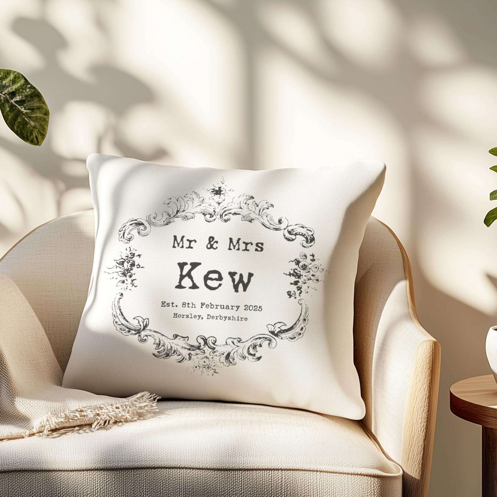 Vintage style 'Mr & Mrs' personalised cushion with custom names and wedding date