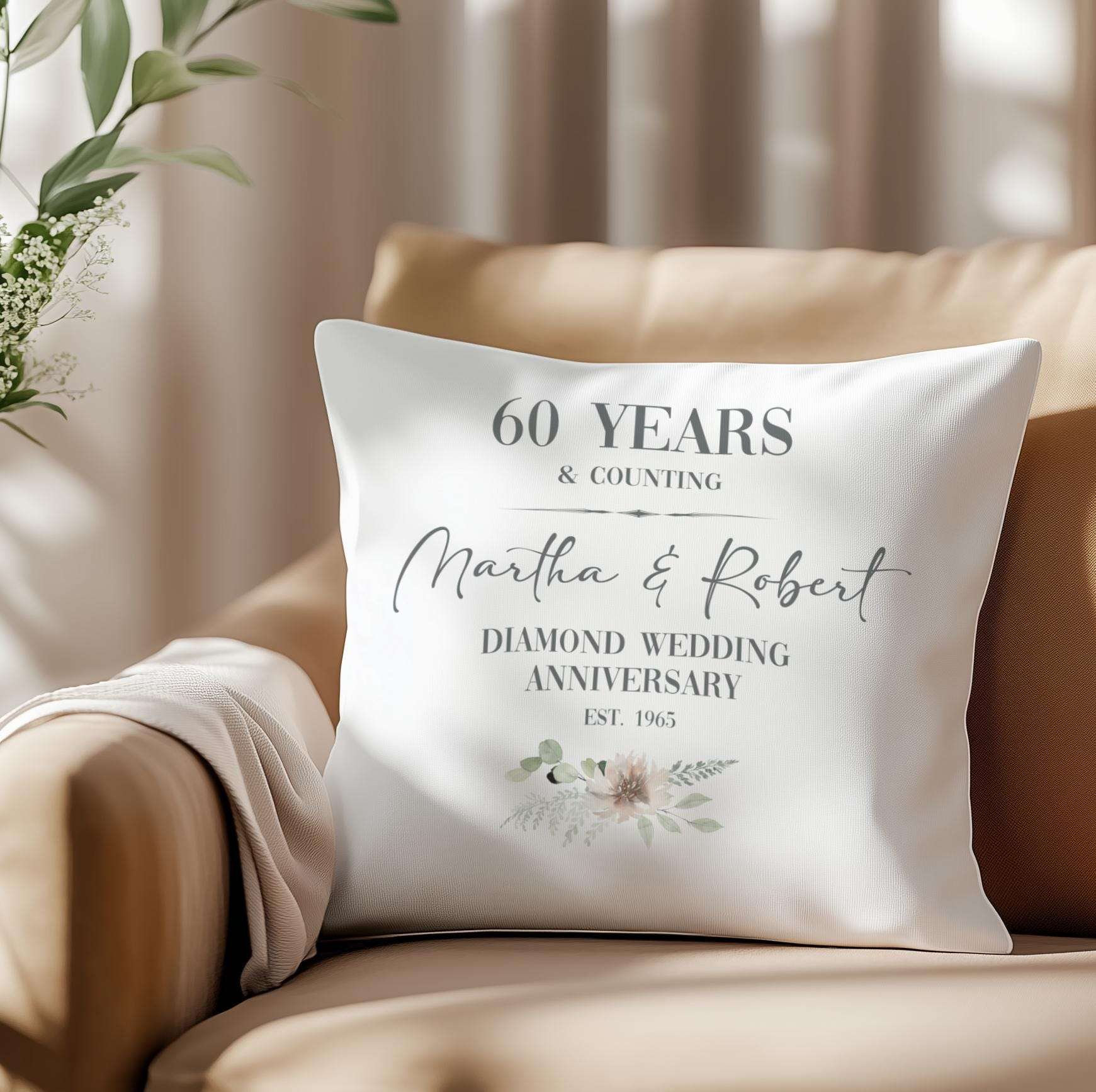 Personalised diamond 60th wedding anniversary cushion for a couple, customised with names and a significant date
