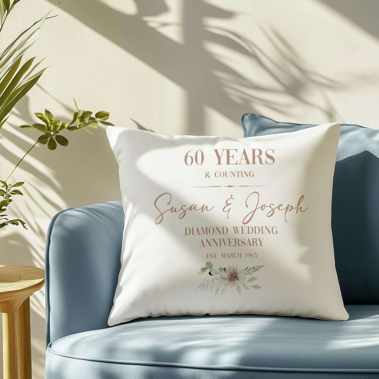 Personalised diamond 60th wedding anniversary cushion for a couple, customised with names and a significant date