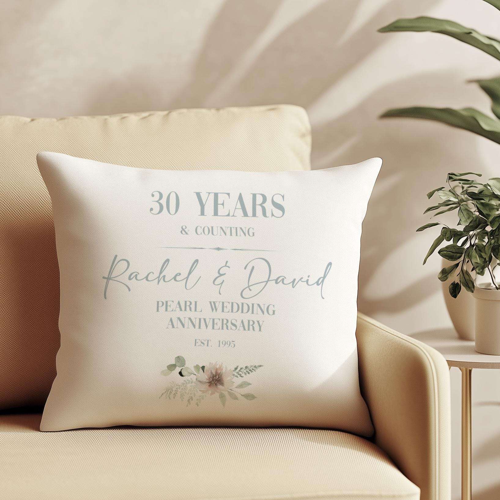 Personalised pearl 30th wedding anniversary cushion for a couple, customised with names and a significant date