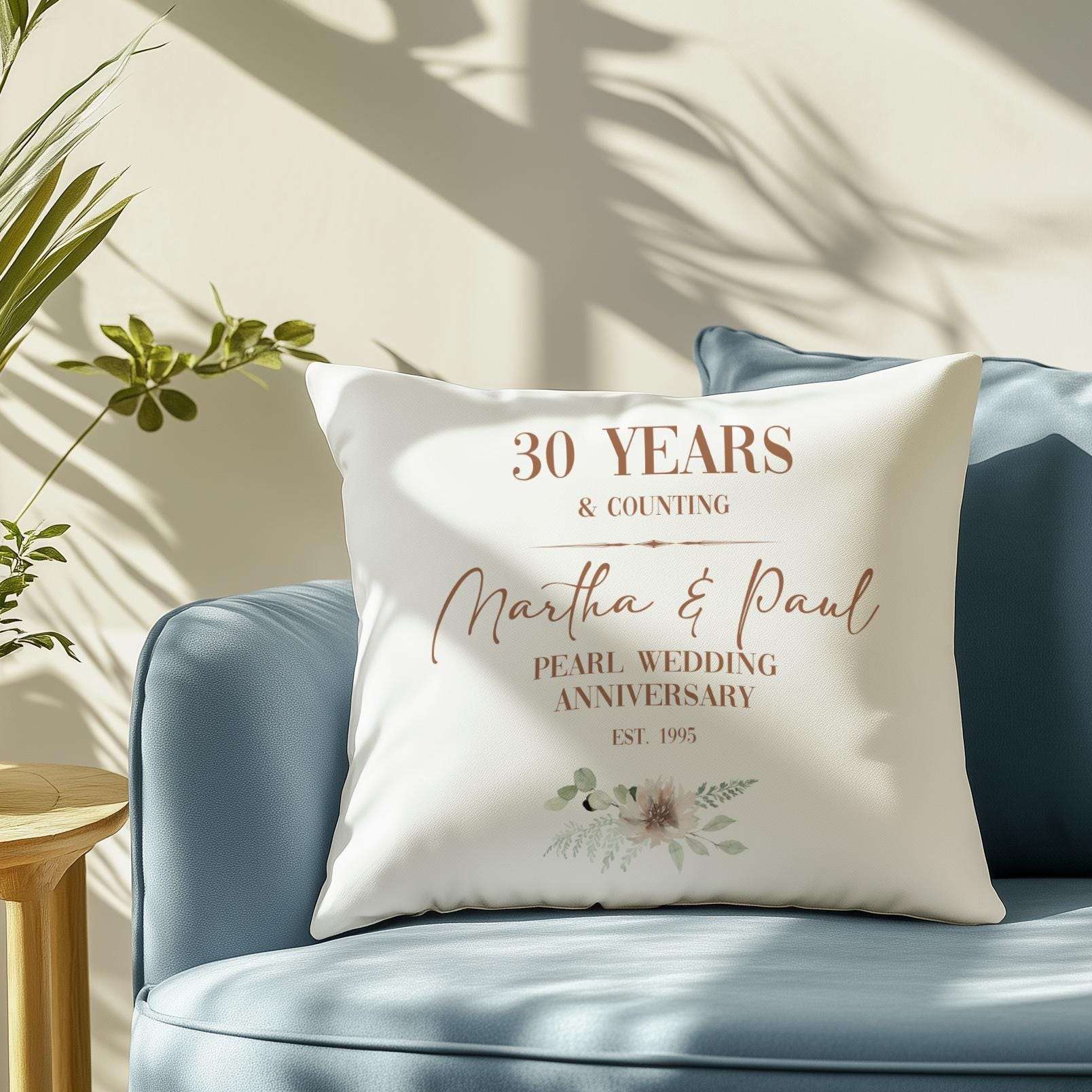 Personalised pearl 30th wedding anniversary cushion for a couple, customised with names and a significant date