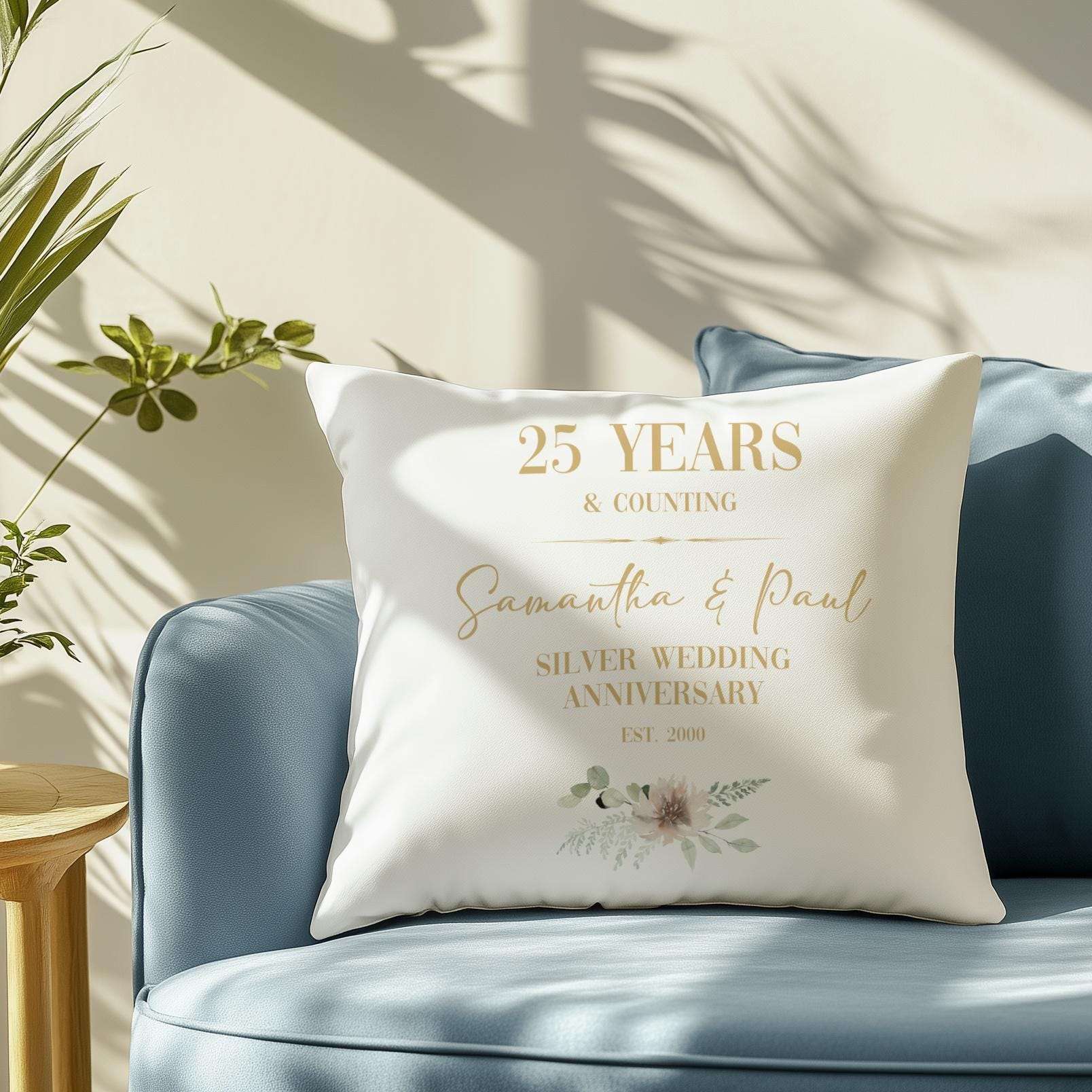 Personalised silver 25th wedding anniversary cushion for a couple, customised with names and a significant date