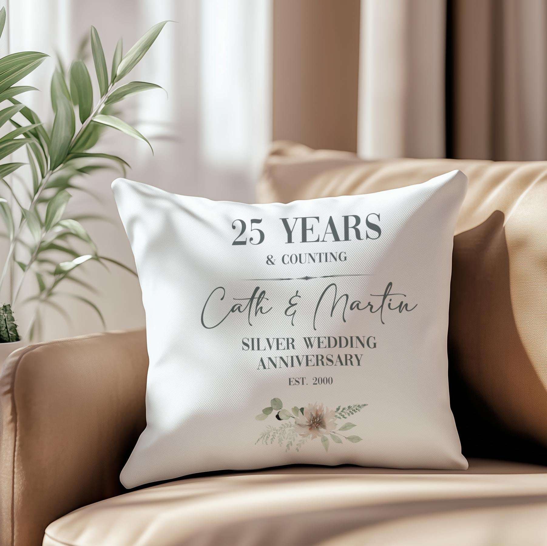 Personalised silver 25th wedding anniversary cushion for a couple, customised with names and a significant date