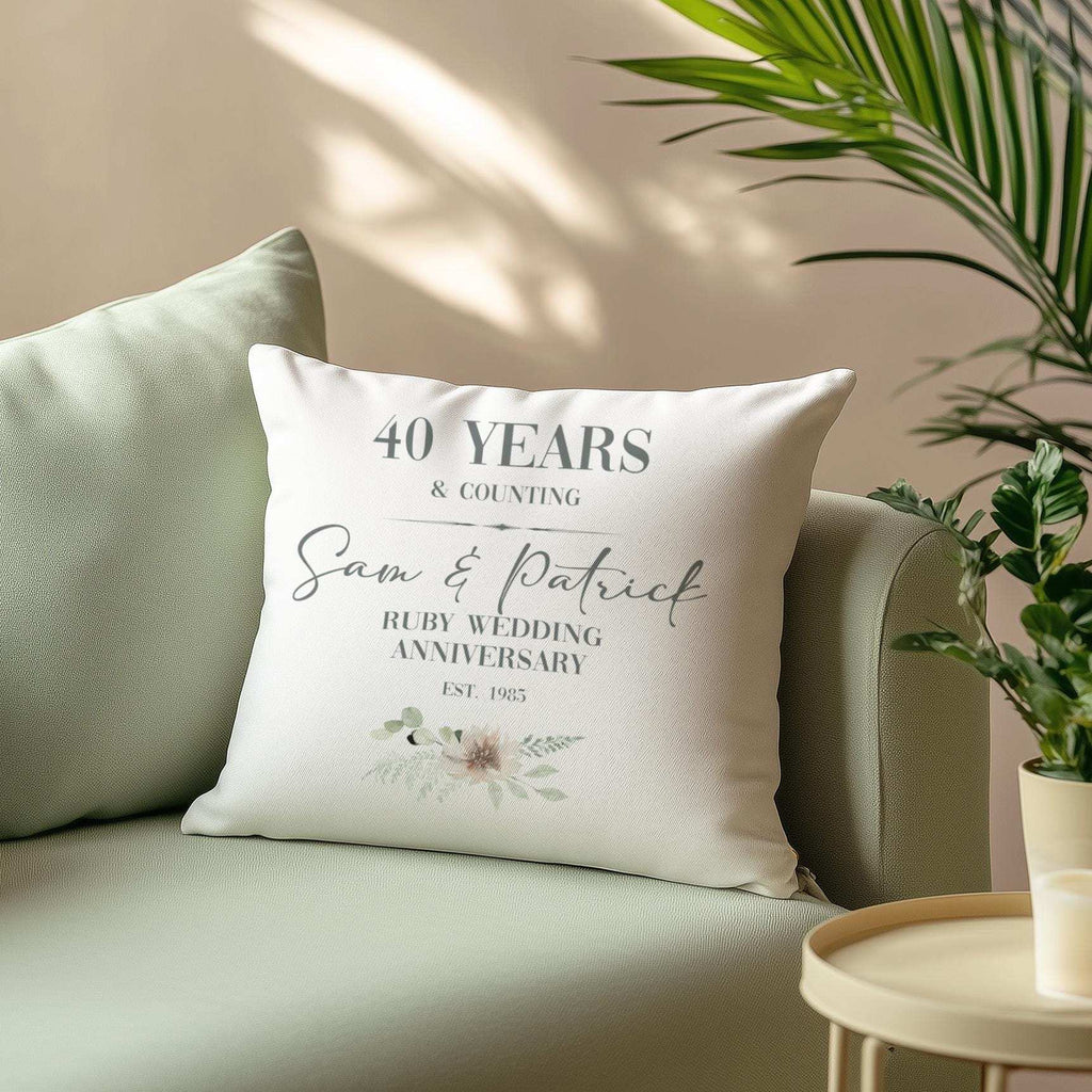 Personalised ruby 40th wedding anniversary cushion for a couple, customised with names and a significant date