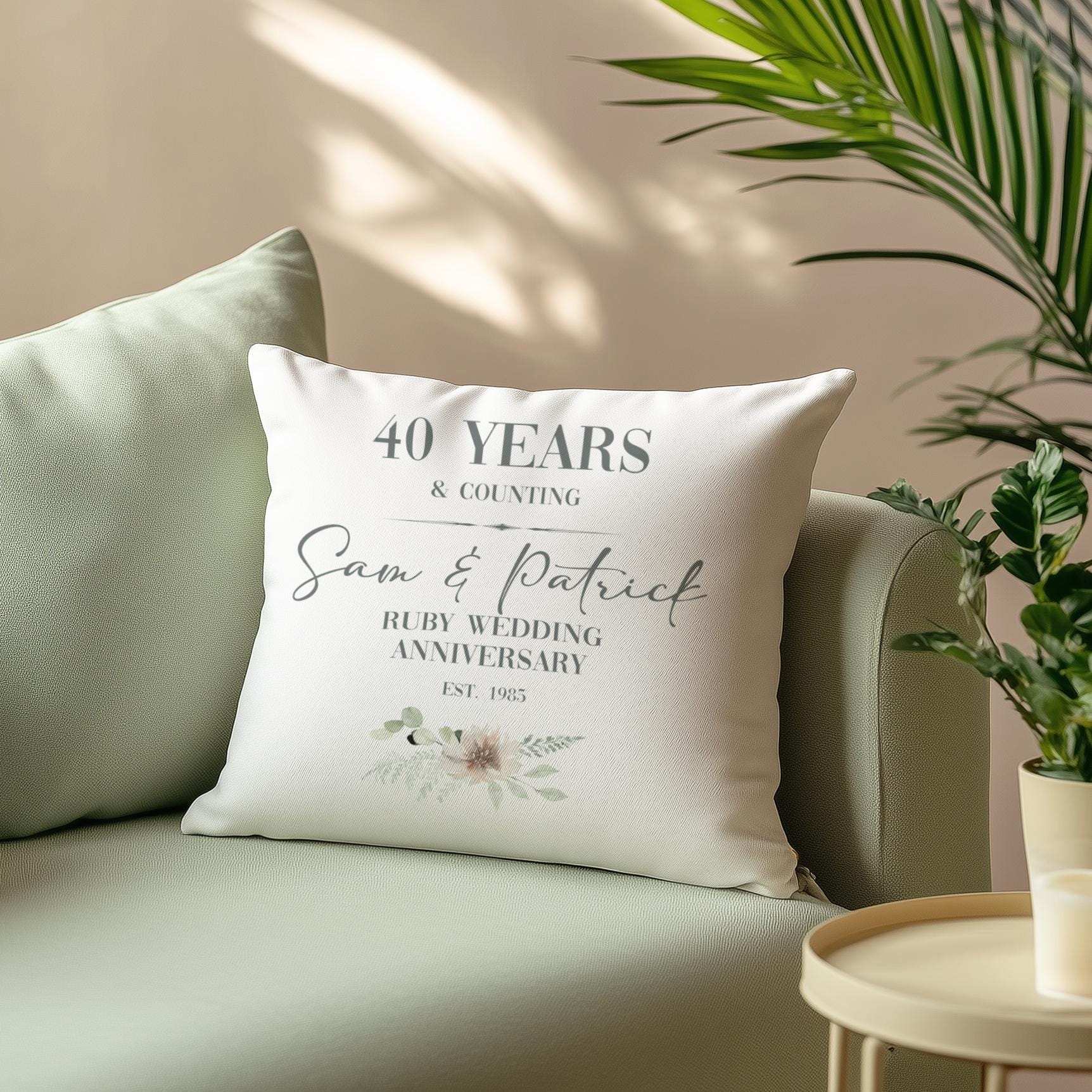 Personalised ruby 40th wedding anniversary cushion for a couple, customised with names and a significant date