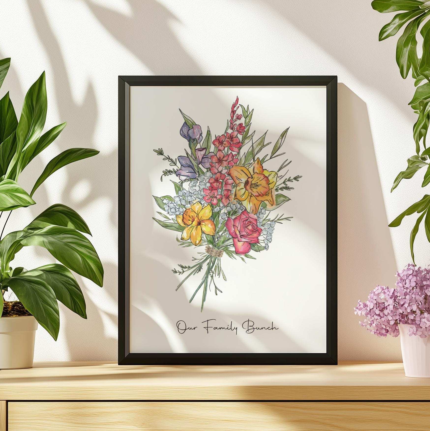 Personalised family birth month flower print featuring a custom watercolour bouquet and family name