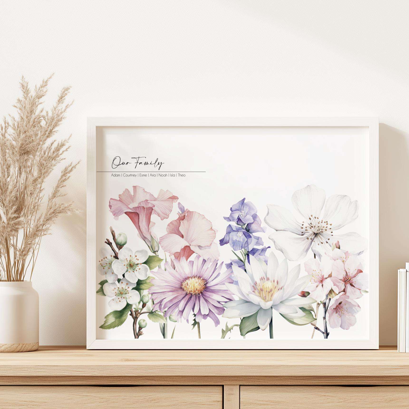 Personalised family wall art print featuring a watercolour 'meadow' arrangement of individual birth month flowers with names