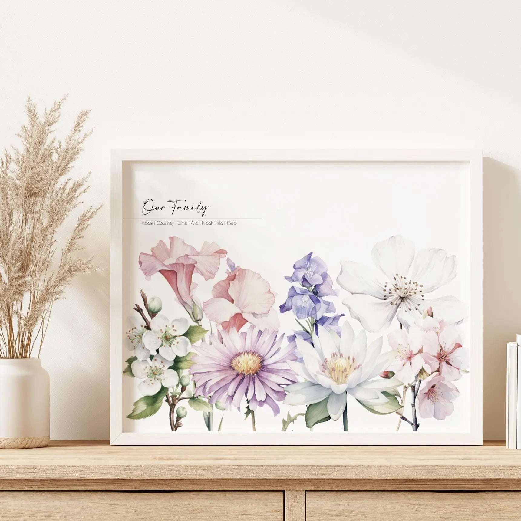 Custom digital print featuring a watercolour 'meadow' arrangement of birth month flowers with names, ready to be printed at home
