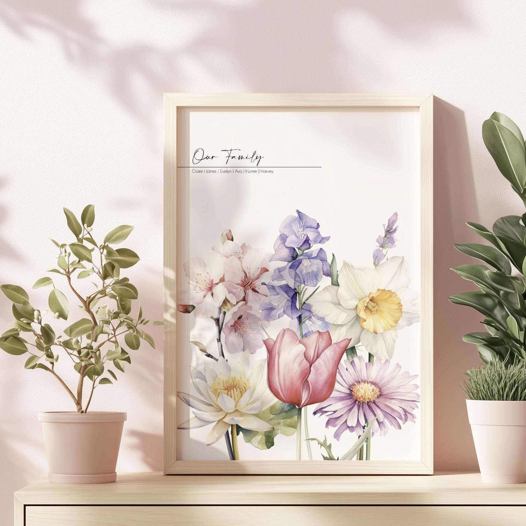 Personalised family wall art print featuring a watercolour 'meadow' arrangement of individual birth month flowers with names