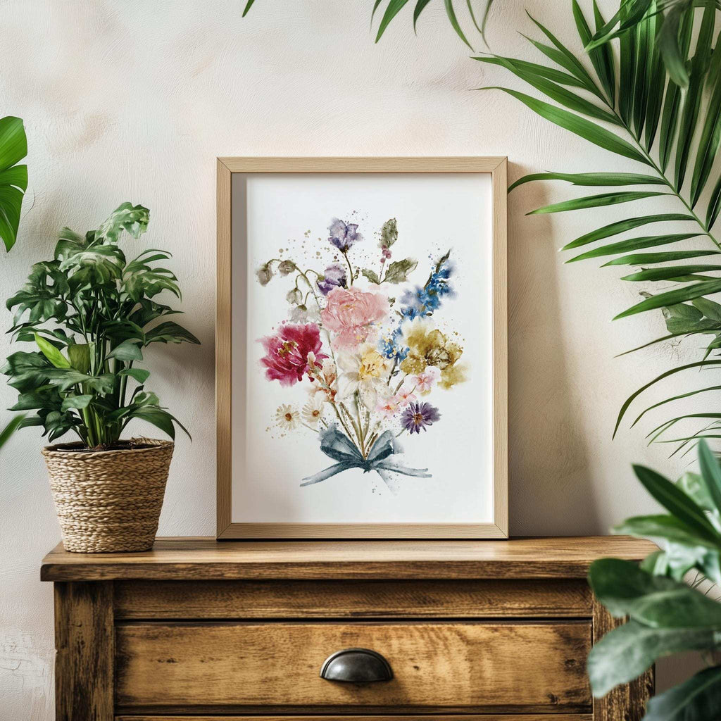 Personalised print with watercolour birth month flowers in a 'grandma's garden' arrangement, framed and ready for wall display