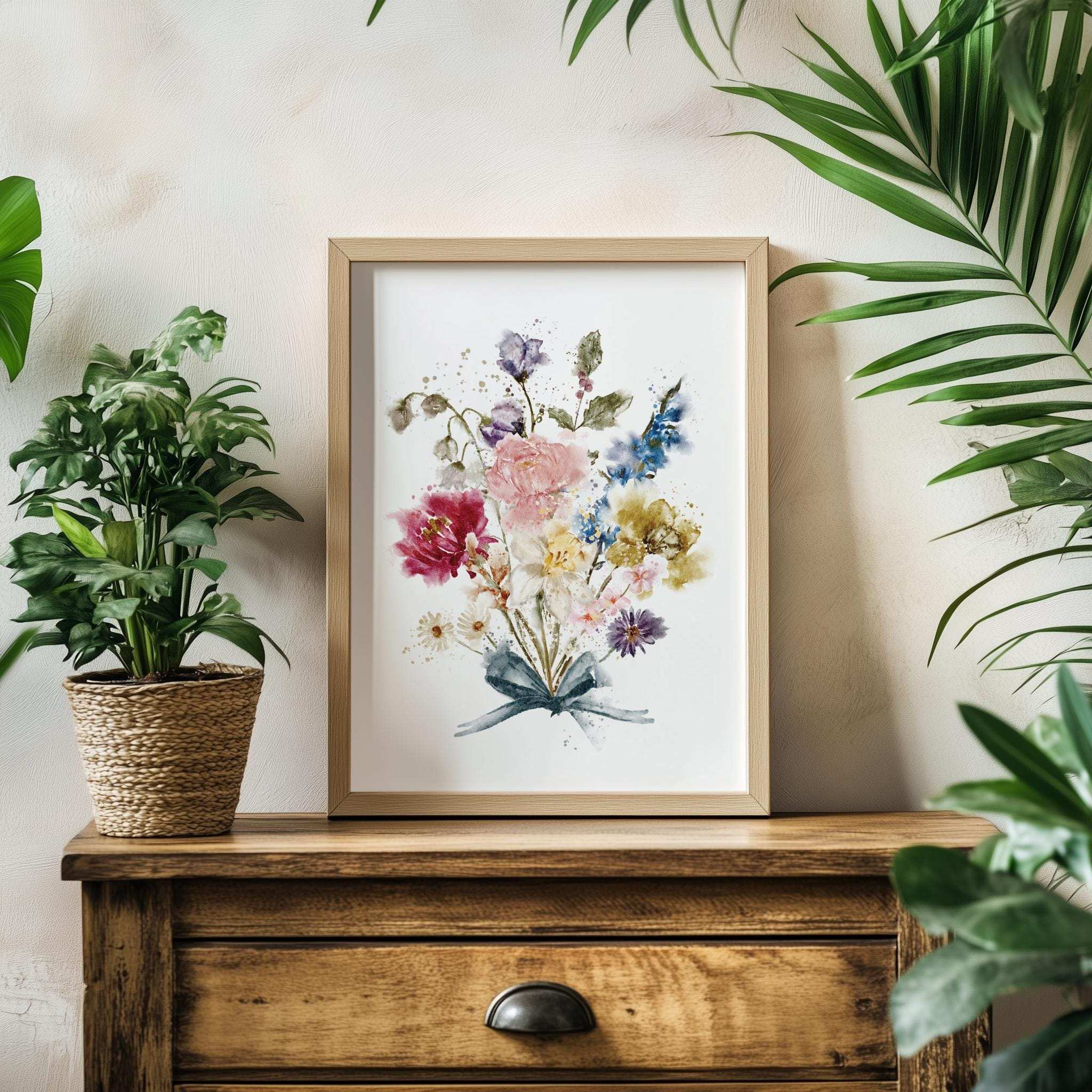 Personalised print with watercolour birth month flowers in a 'grandma's garden' arrangement, framed and ready for wall display
