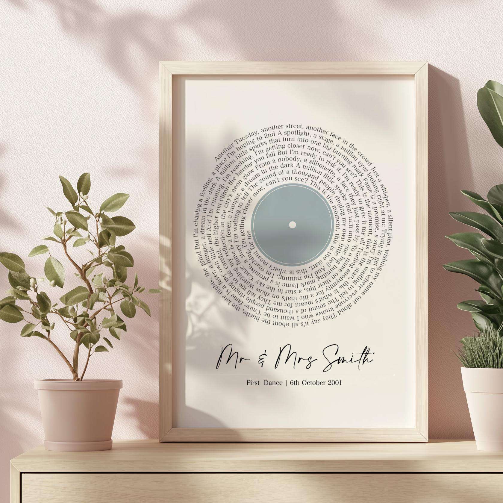 Personalised print featuring song lyrics in a classic spiral vinyl record design, custom text underneath