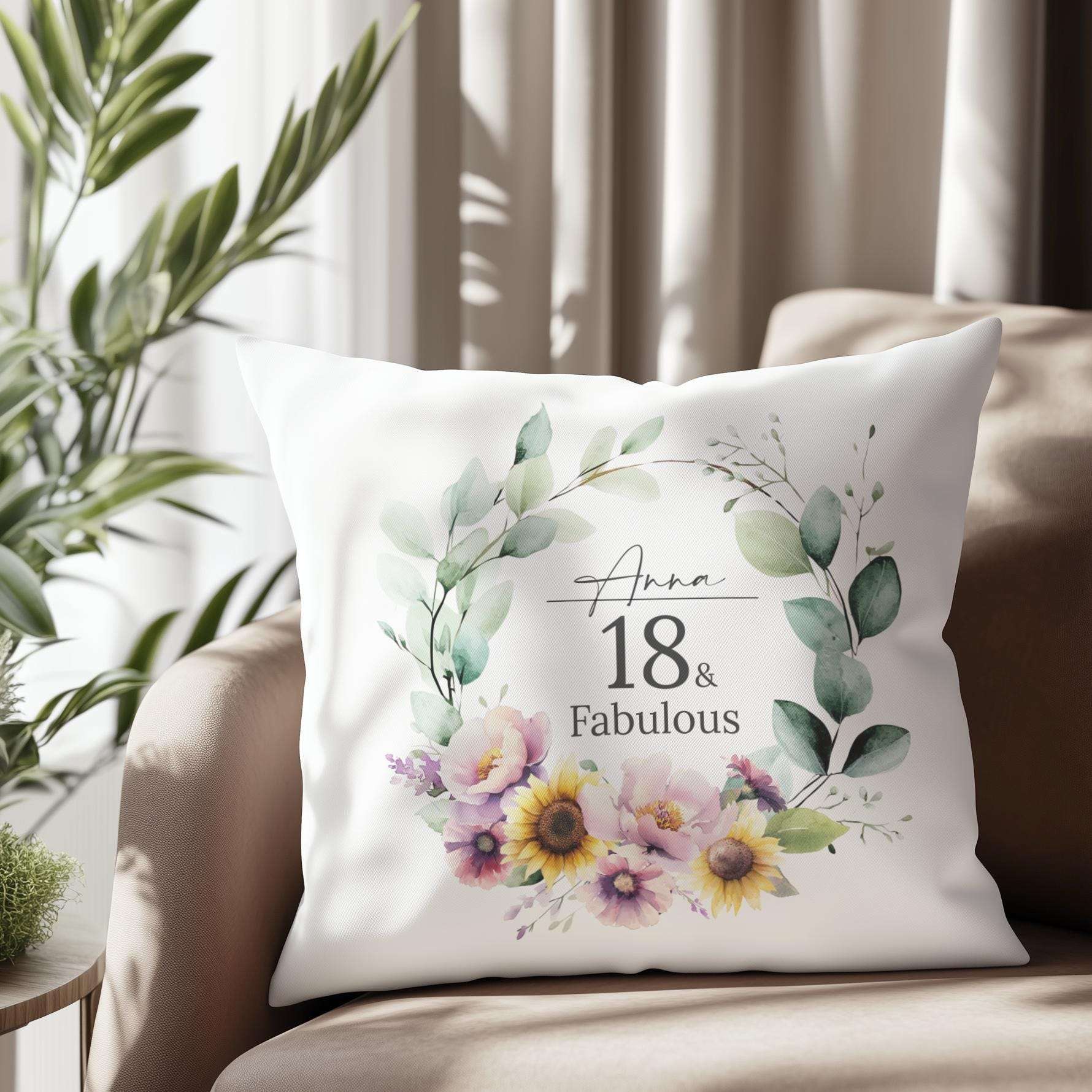 Personalised 18th birthday cushion with a watercolour birth month flower, sunflowers, and gerberas, for a daughter or best friend