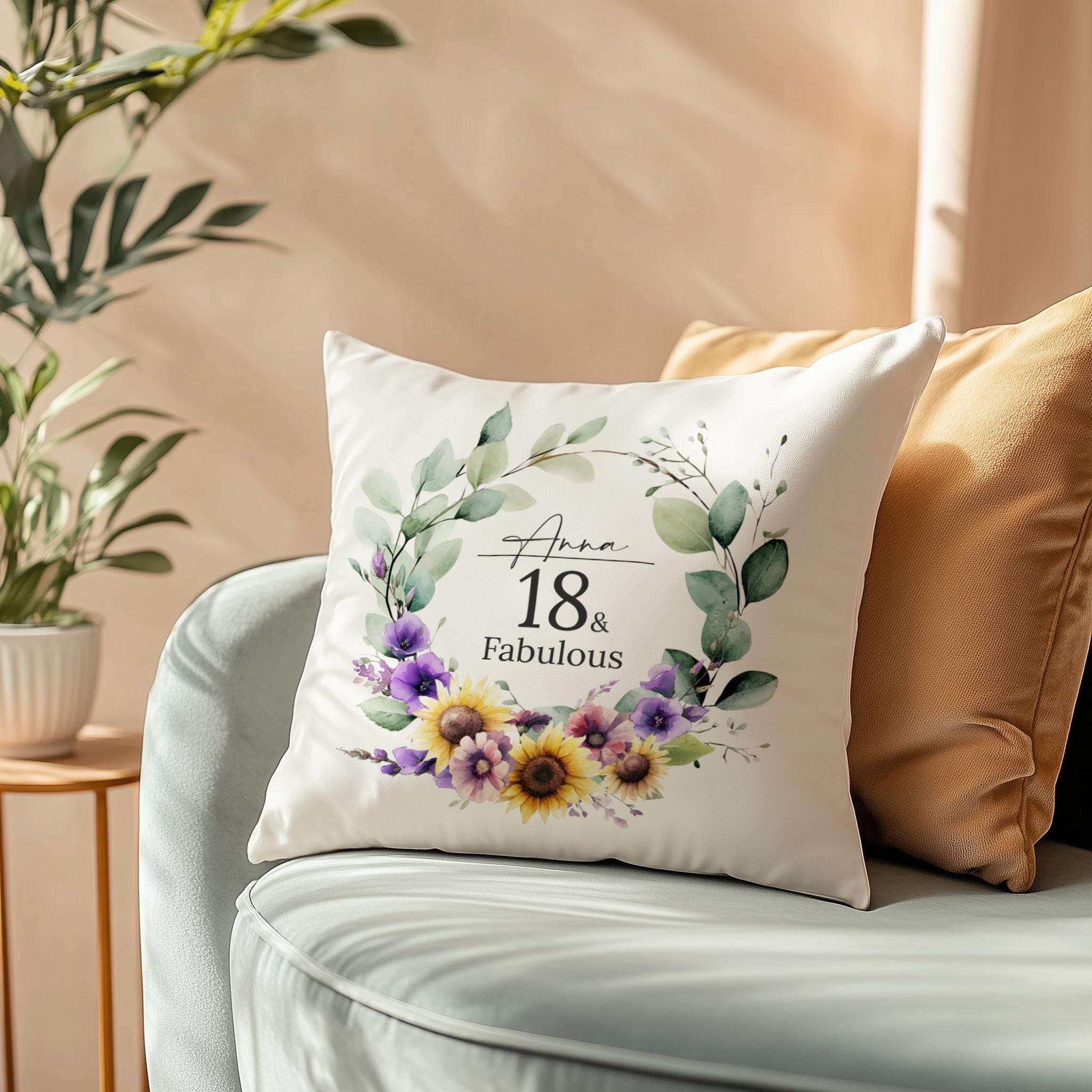 Personalised 18th birthday cushion with a watercolour birth month flower, sunflowers, and gerberas, for a daughter or best friend
