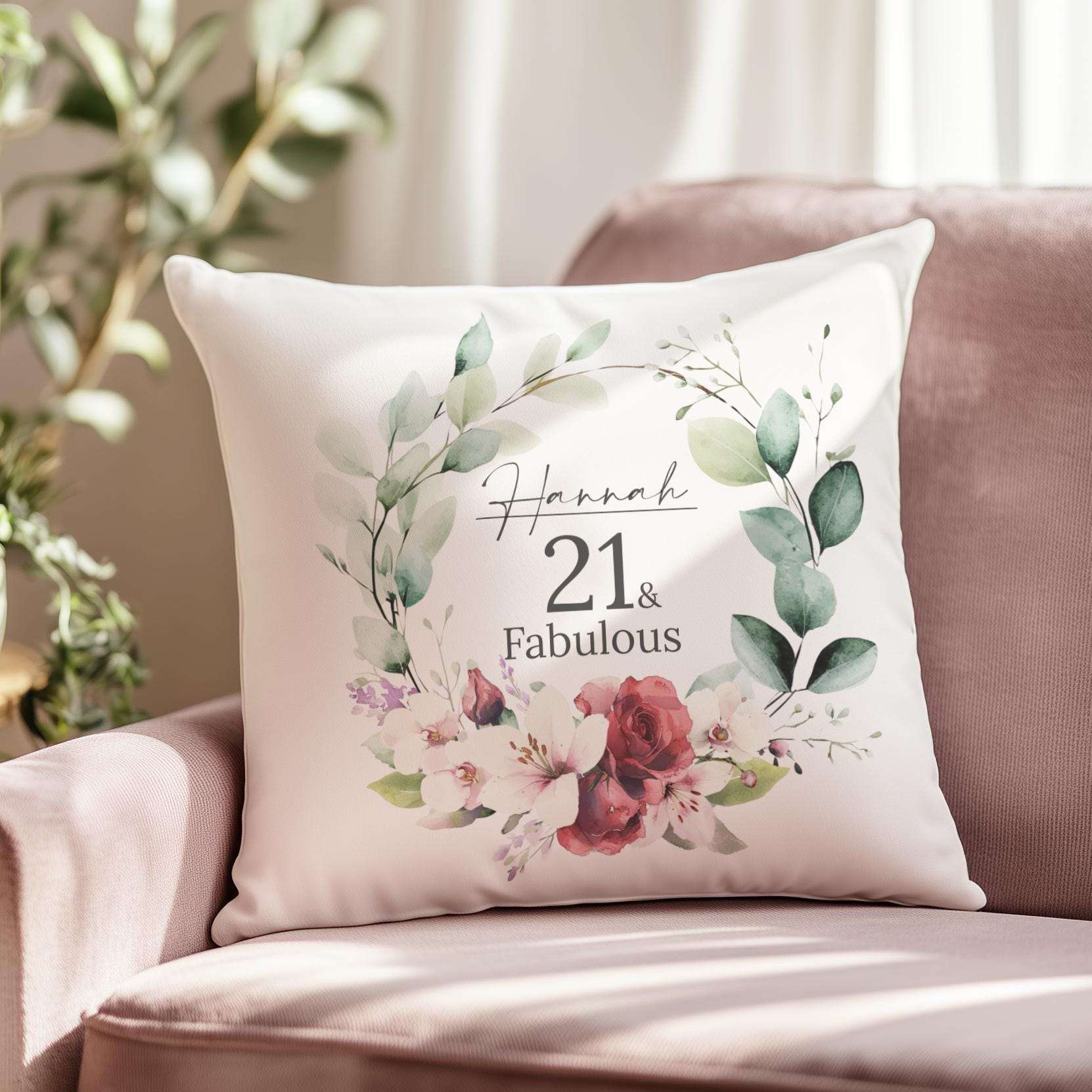 Custom 21st birthday pillow with a watercolour birth month flower design, lilies, and orchids