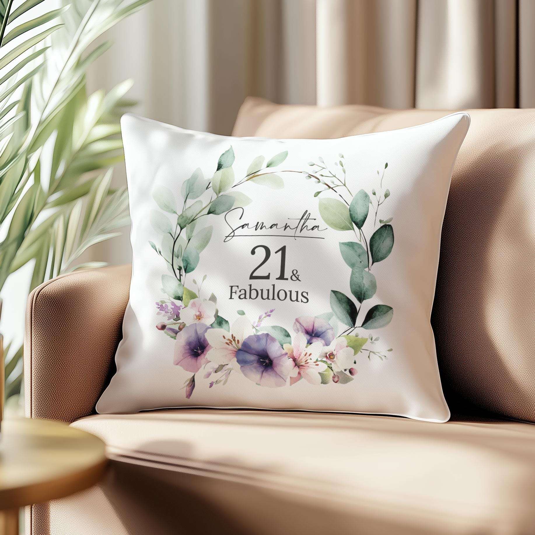 Custom 21st birthday pillow with a watercolour birth month flower design, lilies, and orchids