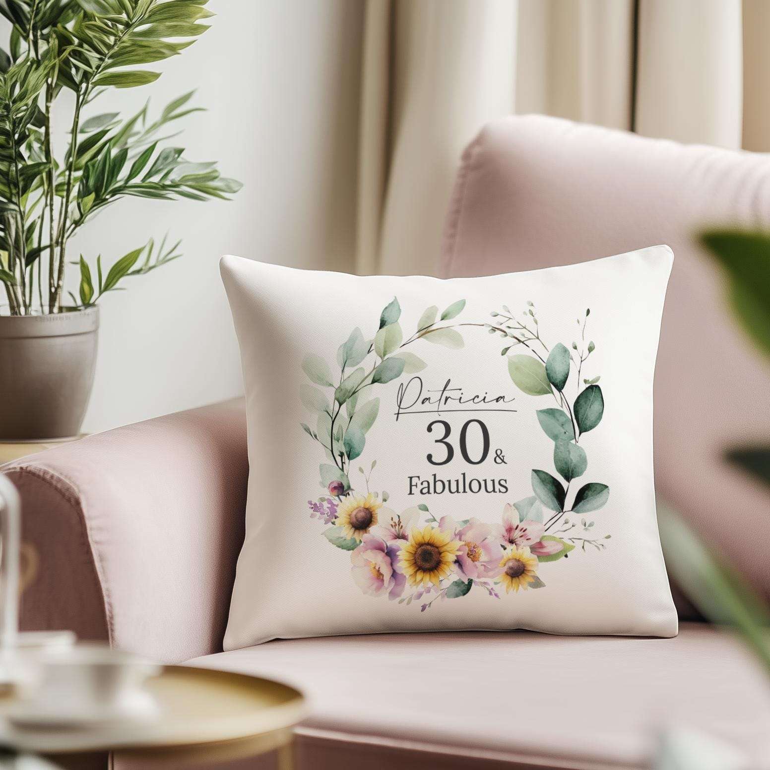 Personalised 30th birthday cushion with a watercolour birth month flower, sunflowers, and lilies