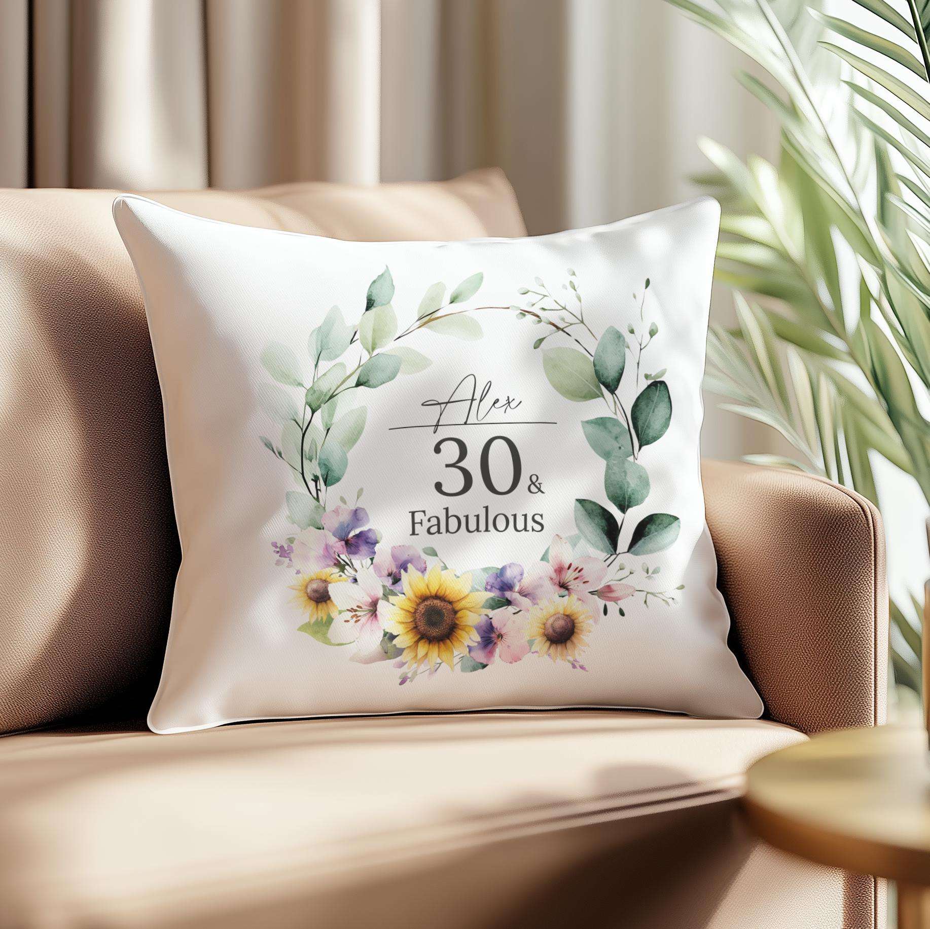 Personalised 30th birthday cushion with a watercolour birth month flower, sunflowers, and lilies
