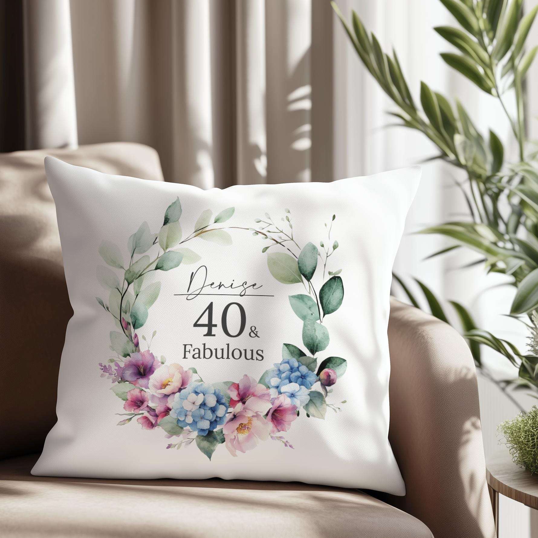 Personalised 40th birthday cushion for her with a watercolour birth month flower, gladioli, and hydrangeas