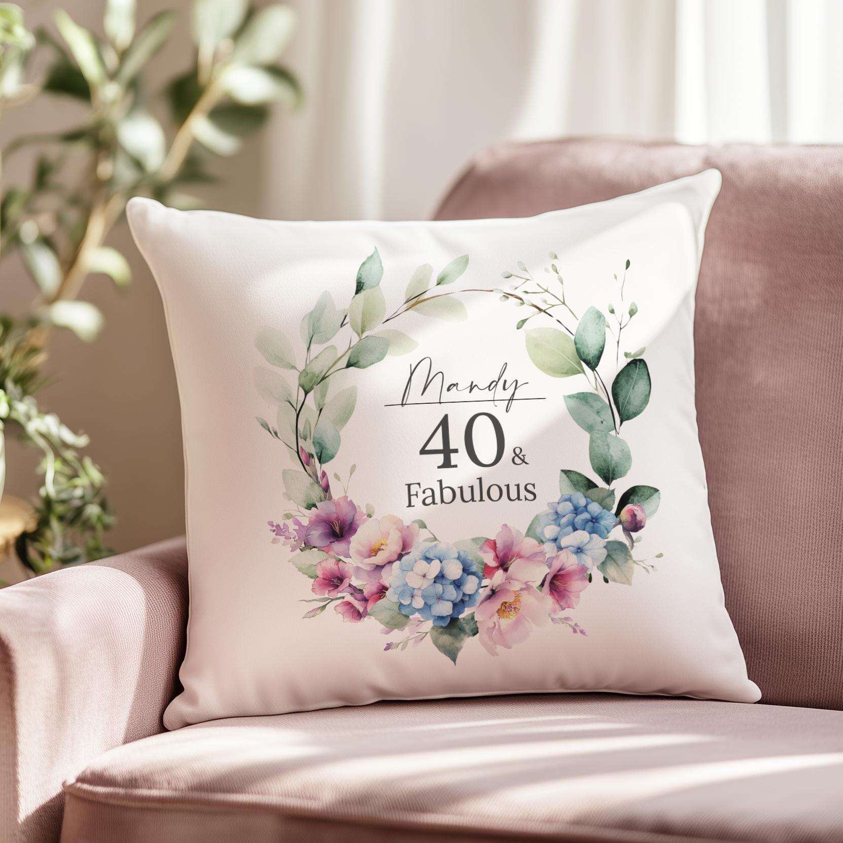 Personalised 40th birthday cushion for her with a watercolour birth month flower, gladioli, and hydrangeas