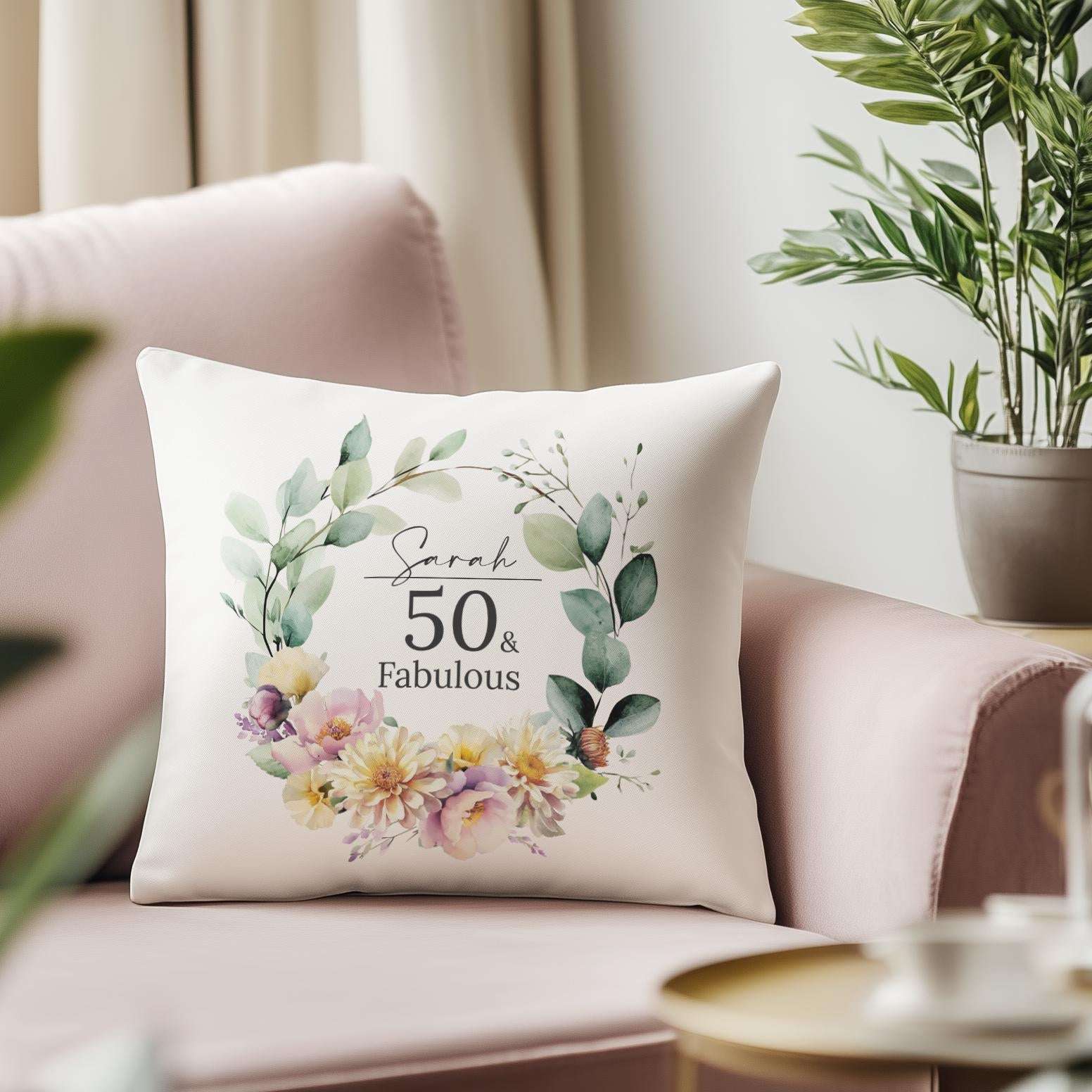 Personalised 50th birthday cushion (Golden Jubilee gift) with a watercolour birth month flower, chrysanthemums, and carnations