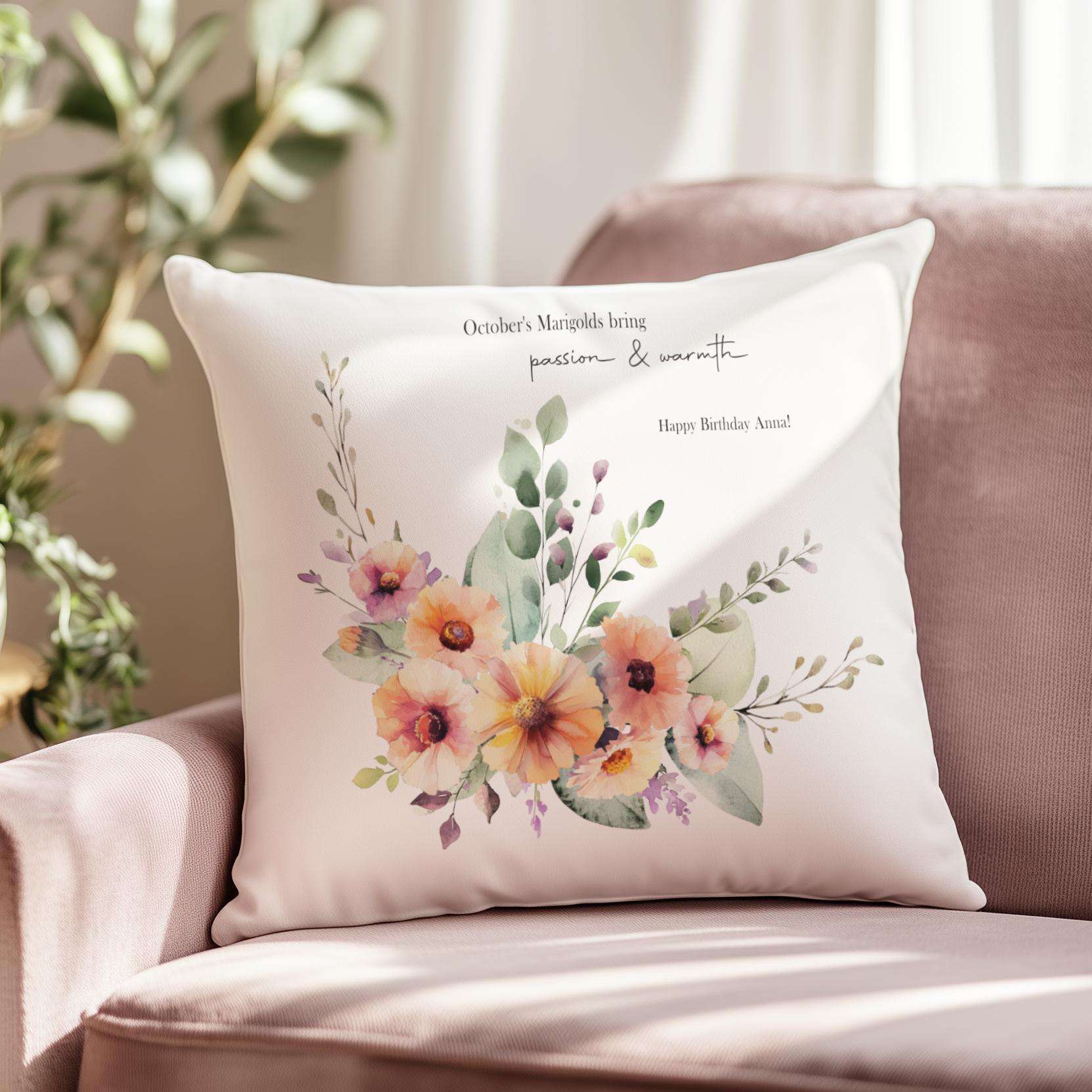 Personalised cushion featuring a single watercolour birth month flower, its meaning, and a short custom message