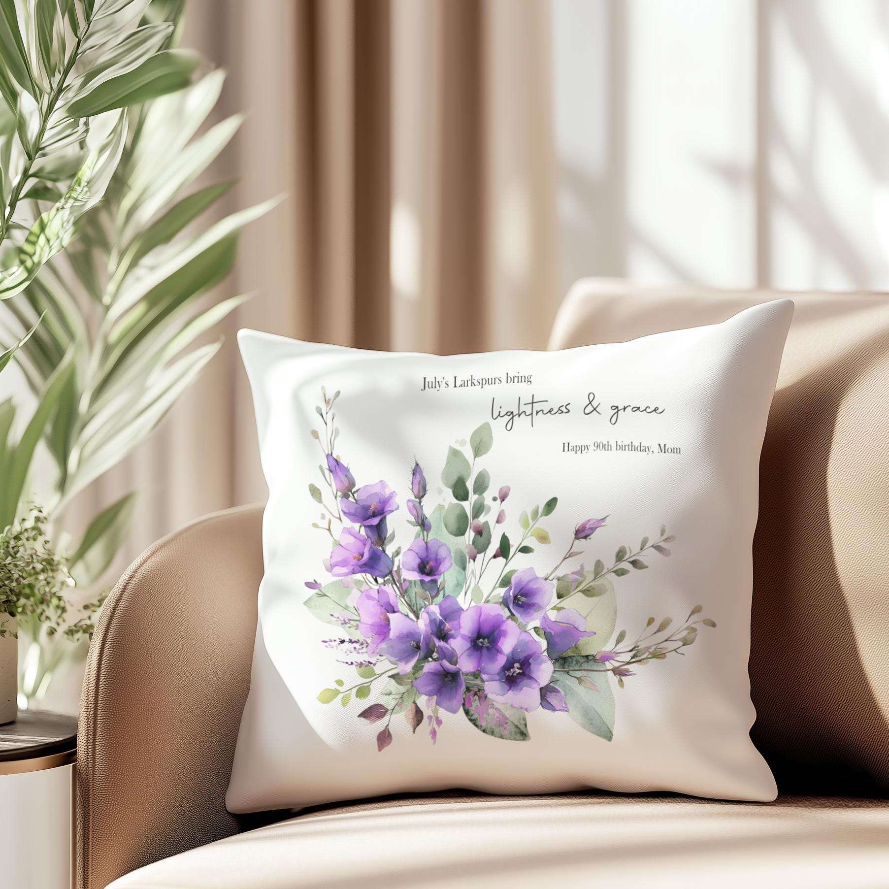 Personalised cushion featuring a single watercolour birth month flower, its meaning, and a short custom message