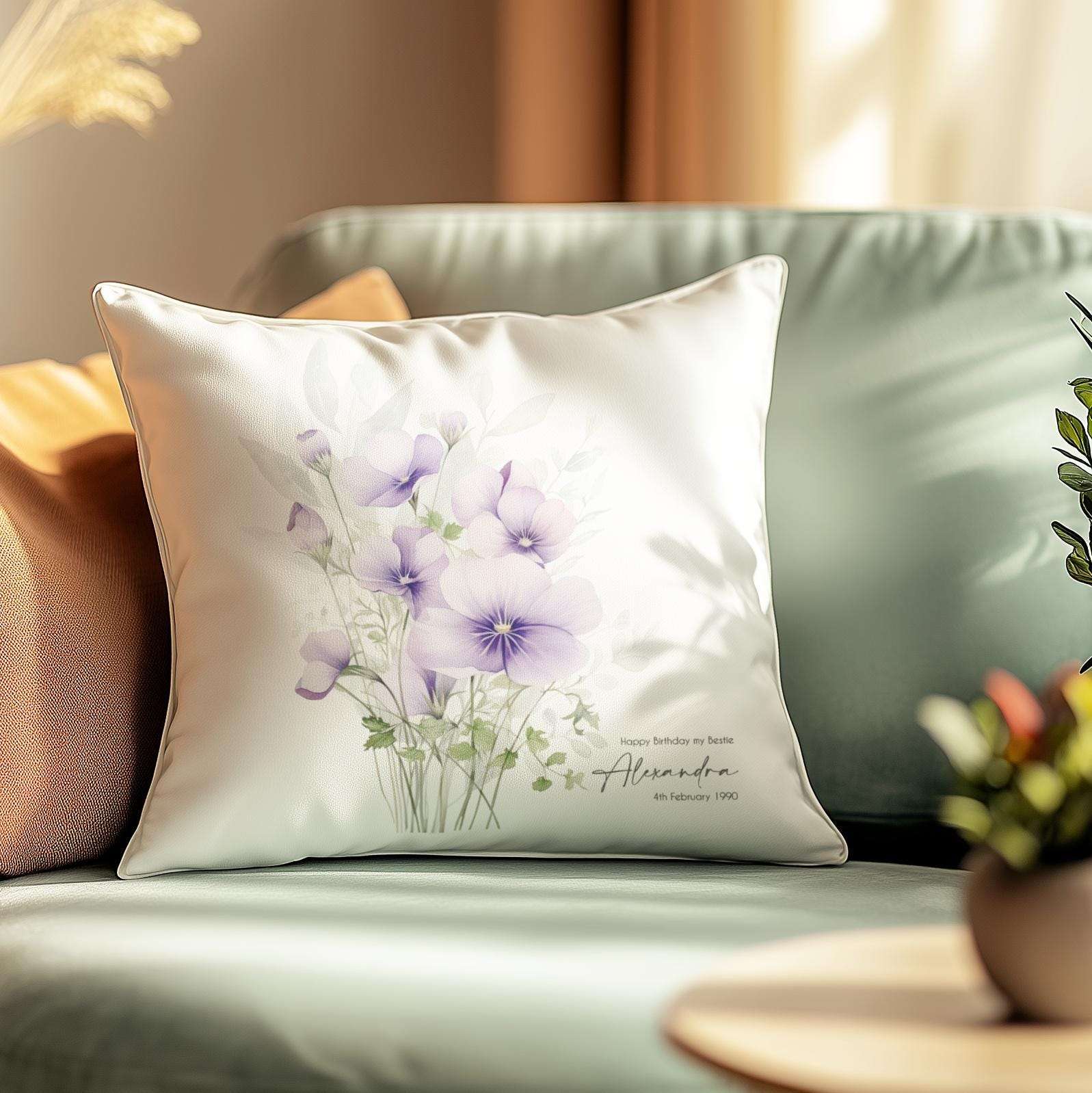 Personalised cushion cover featuring a single exquisite watercolour birth flower design with subtle foliage, ideal birthday gift for mum