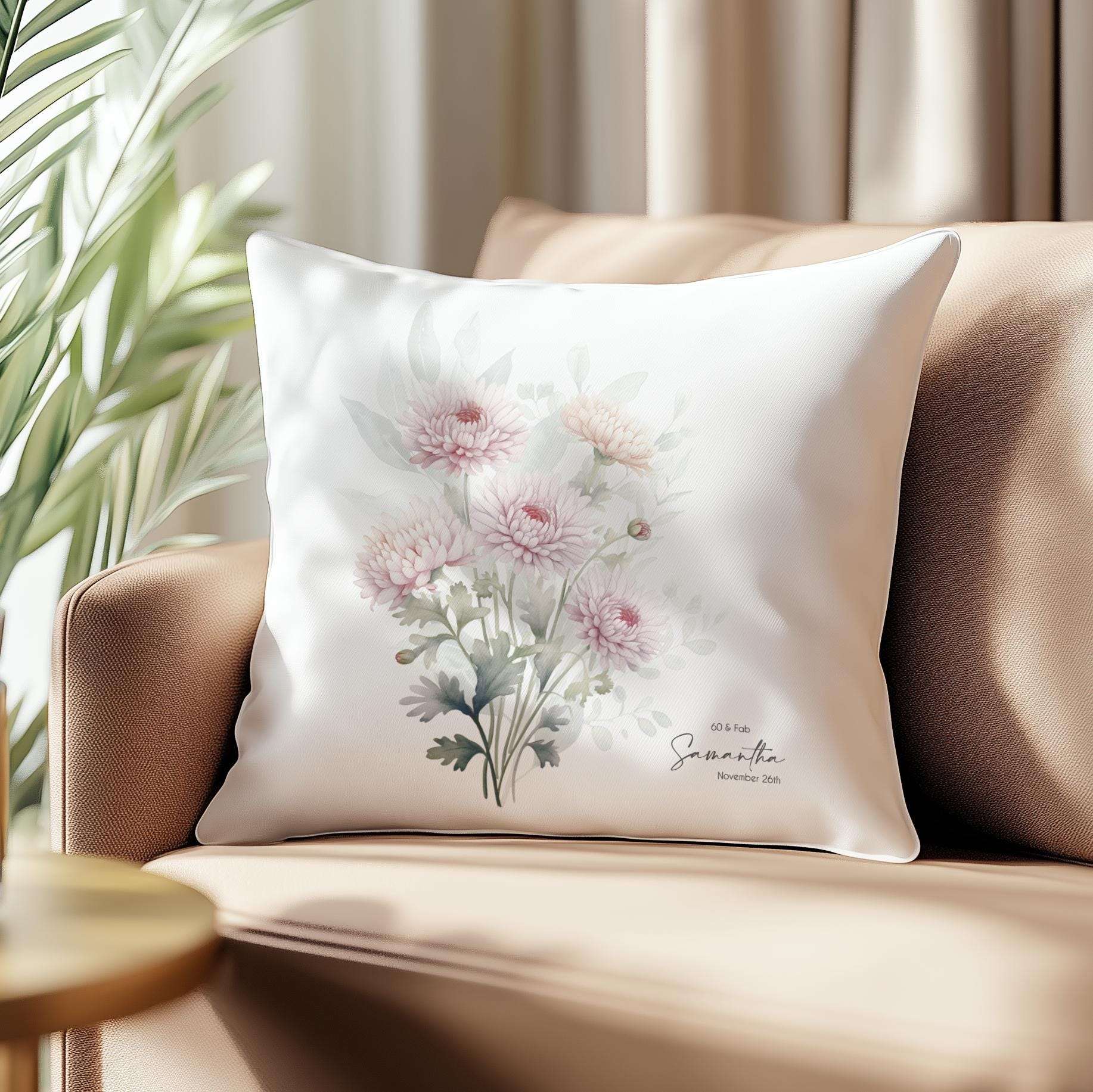 Personalised cushion cover featuring a single exquisite watercolour birth flower design with subtle foliage, ideal birthday gift for mum
