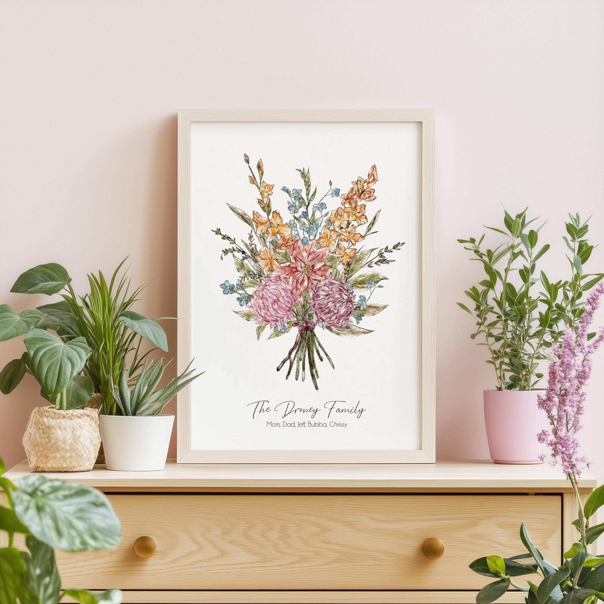 Personalised digital watercolour family print featuring a 'grandma's garden' birth month flower bouquet with custom names