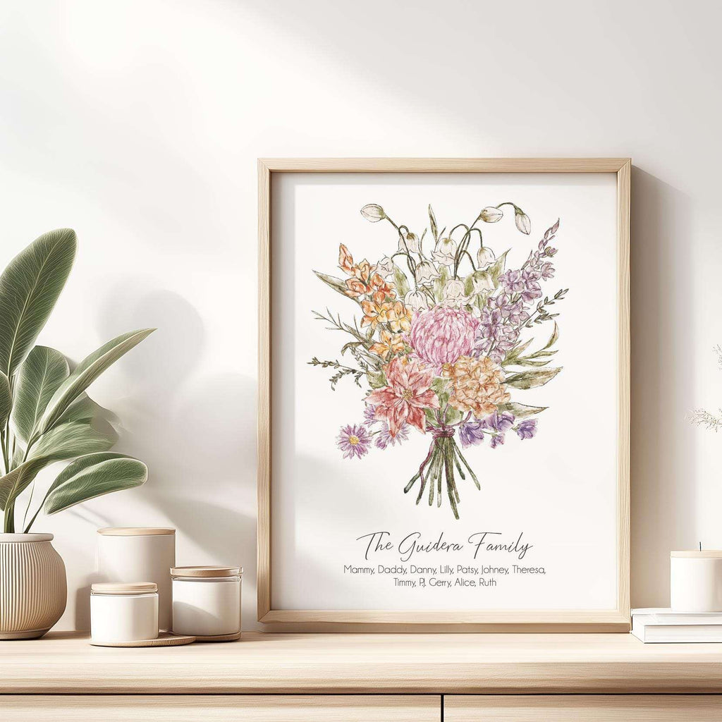 Personalised digital watercolour family print featuring a 'grandma's garden' birth month flower bouquet with custom names