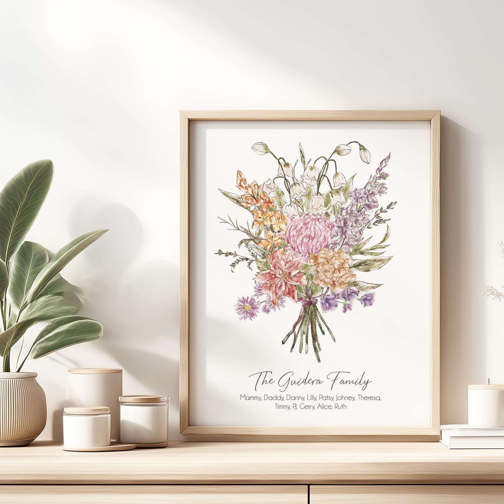 Personalised digital watercolour family print featuring a 'grandma's garden' birth month flower bouquet with custom names