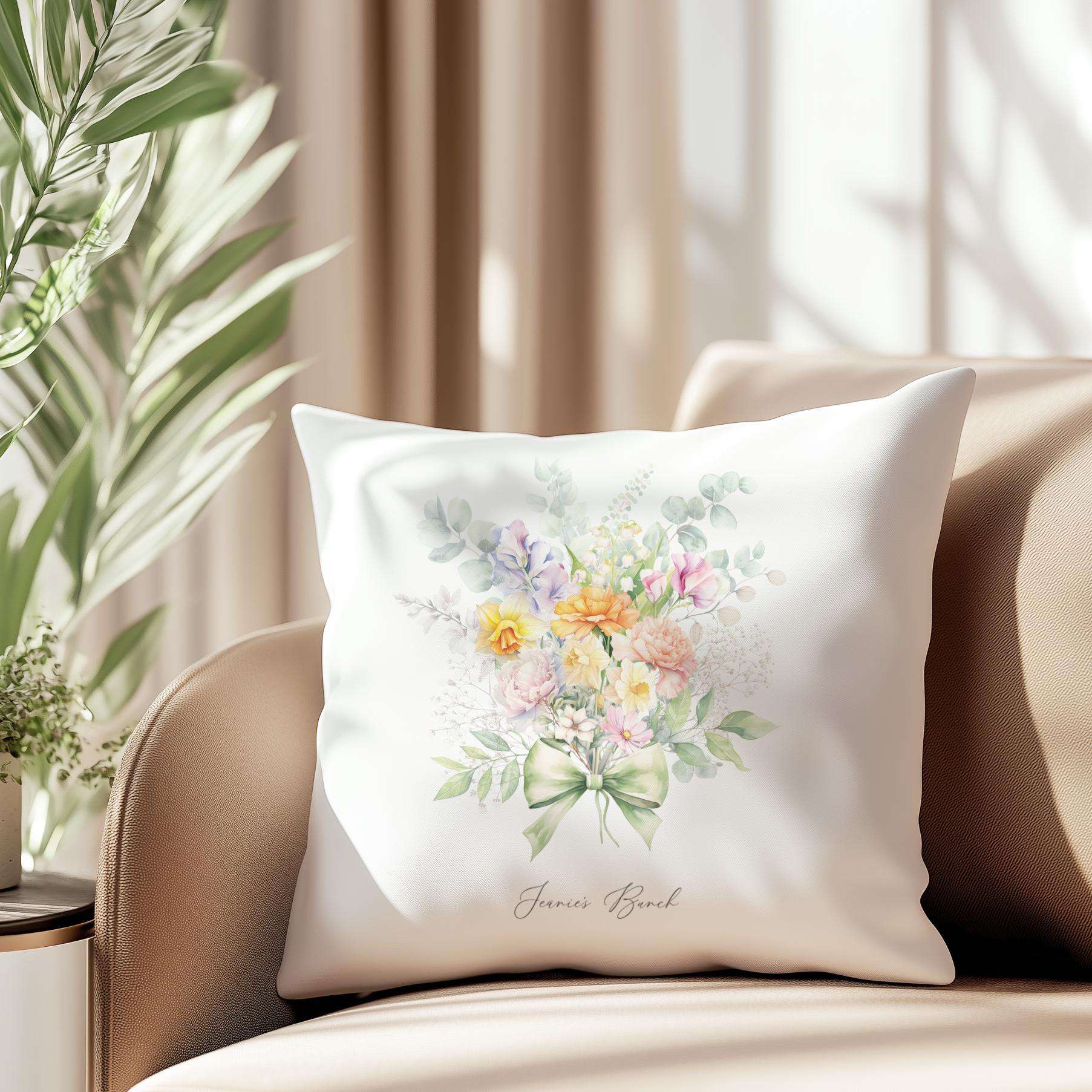 Personalised family cushion featuring a delicate bouquet of birth month flowers with custom names and family surname
