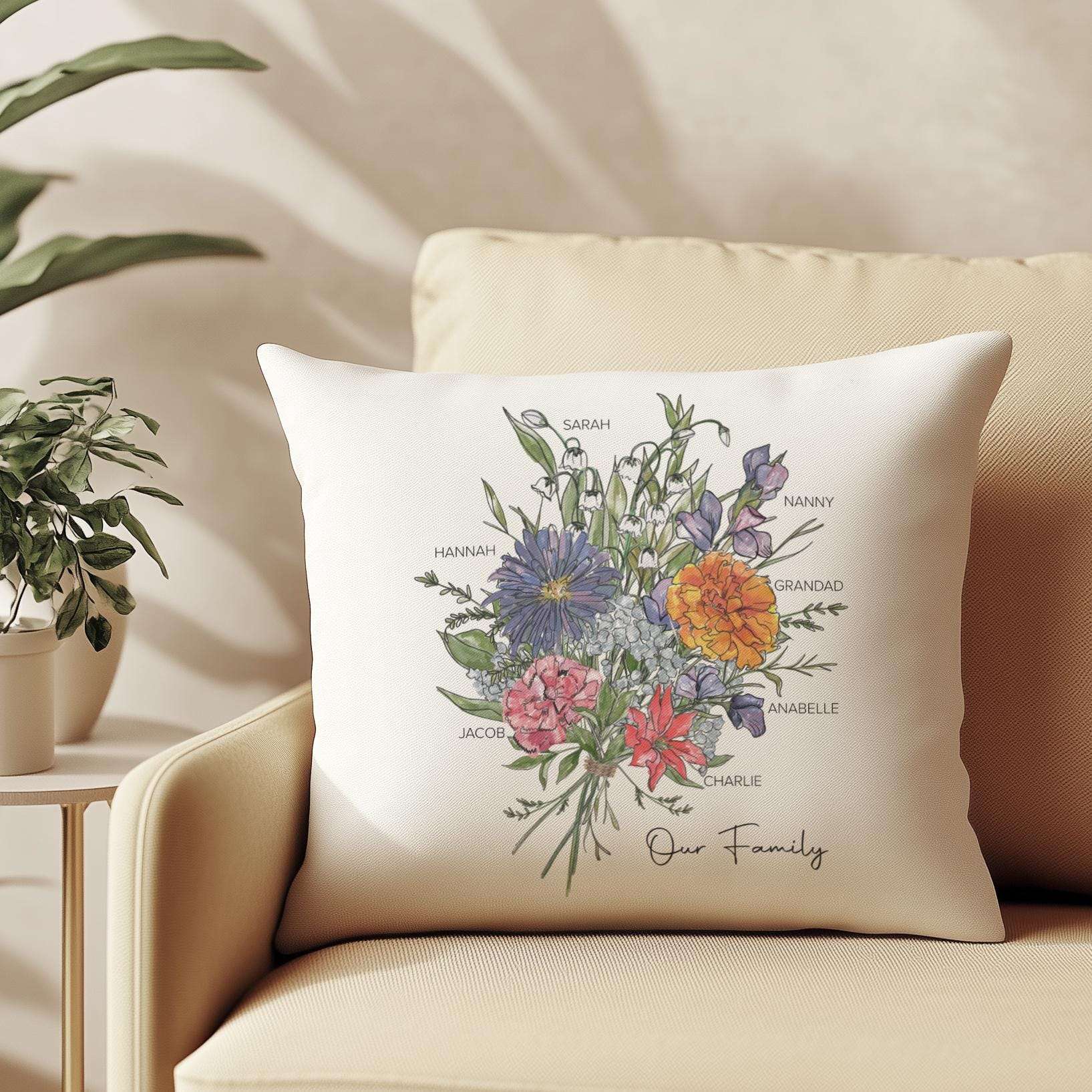Personalised family cushion featuring a watercolour bouquet of birth month flowers with family and individual names, ideal gift for Mum