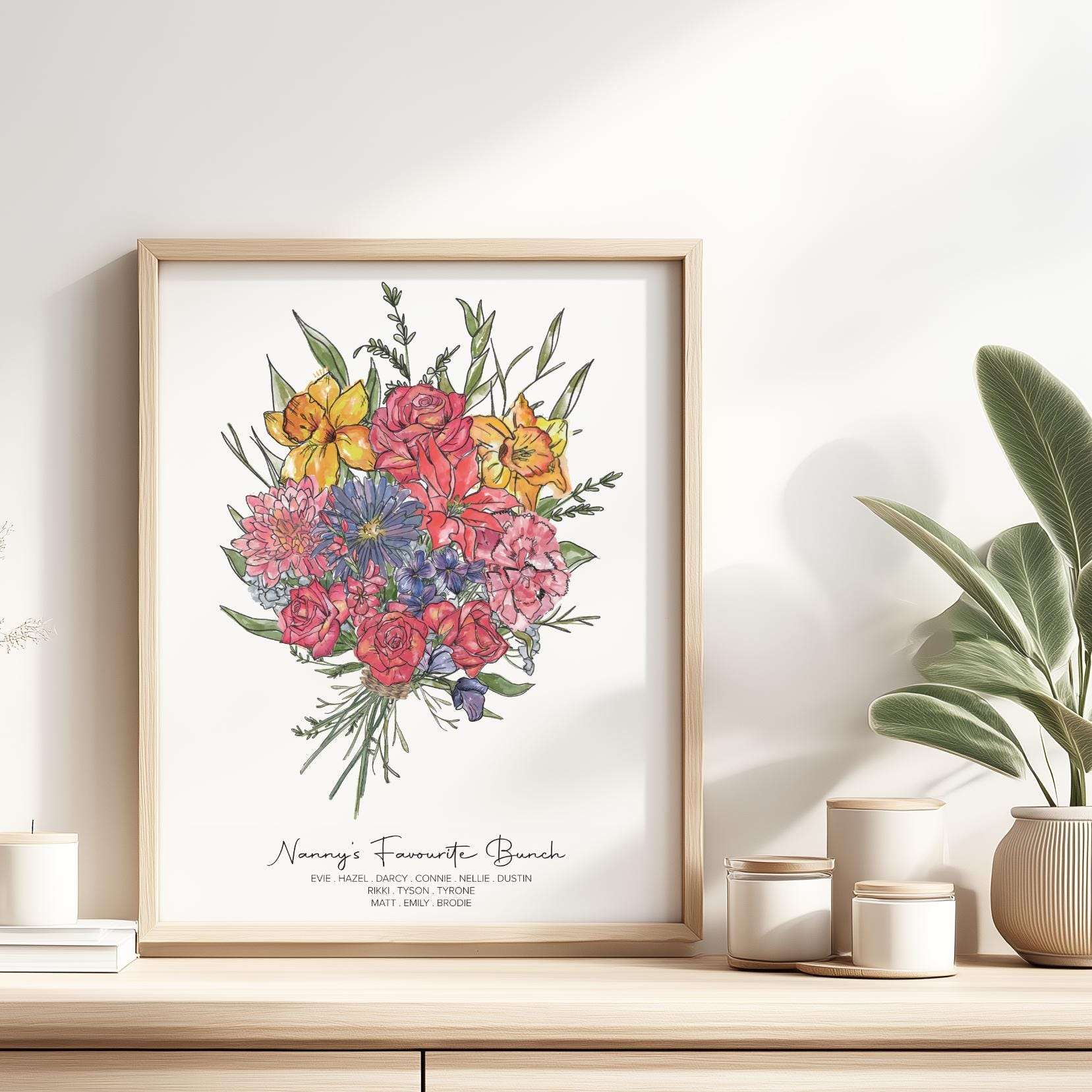 Custom digital watercolour family print showing a birth month flower bouquet, personalised with family names and surname