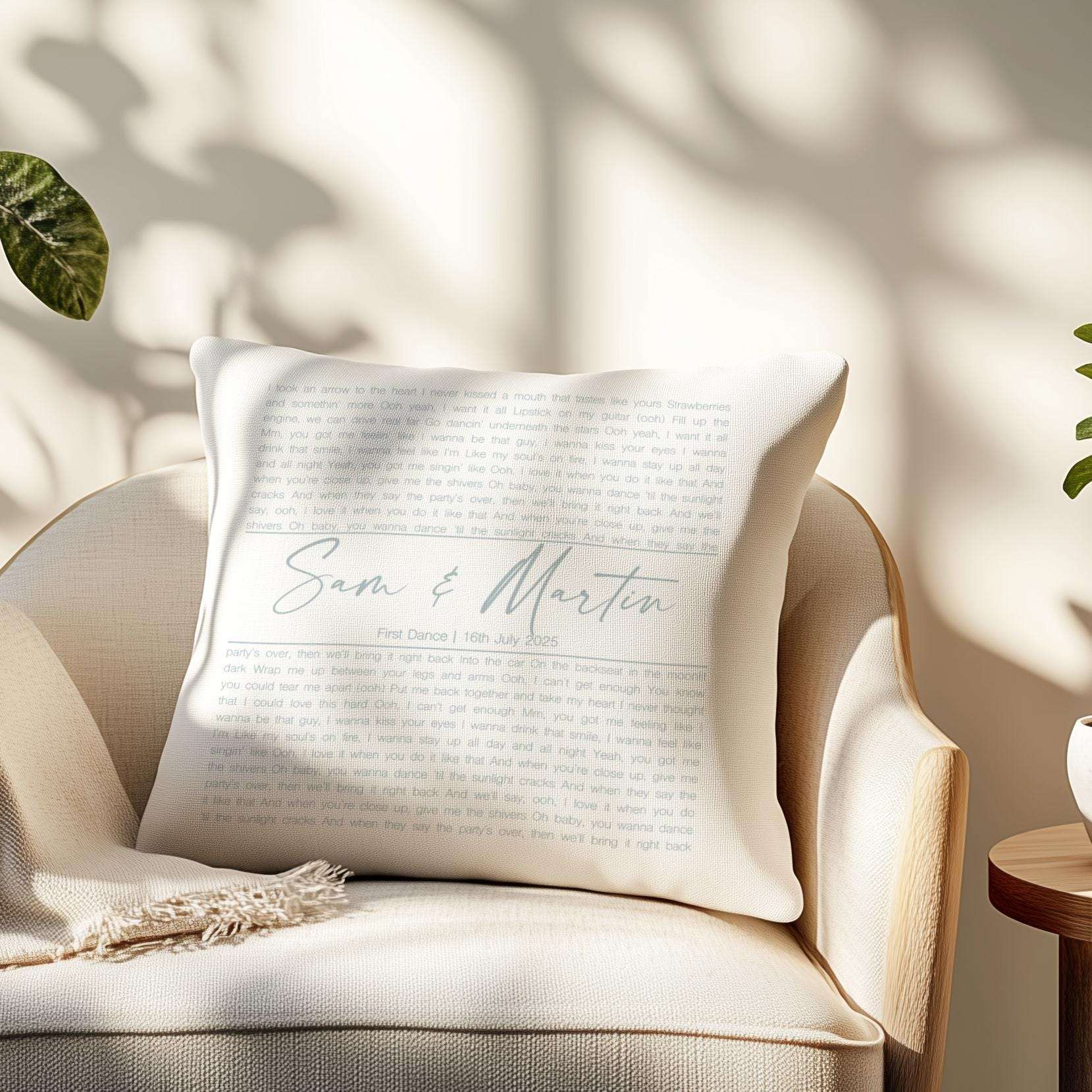 Personalised cushion featuring custom song lyrics in a spiral design, perfect for a wedding anniversary gift for a couple