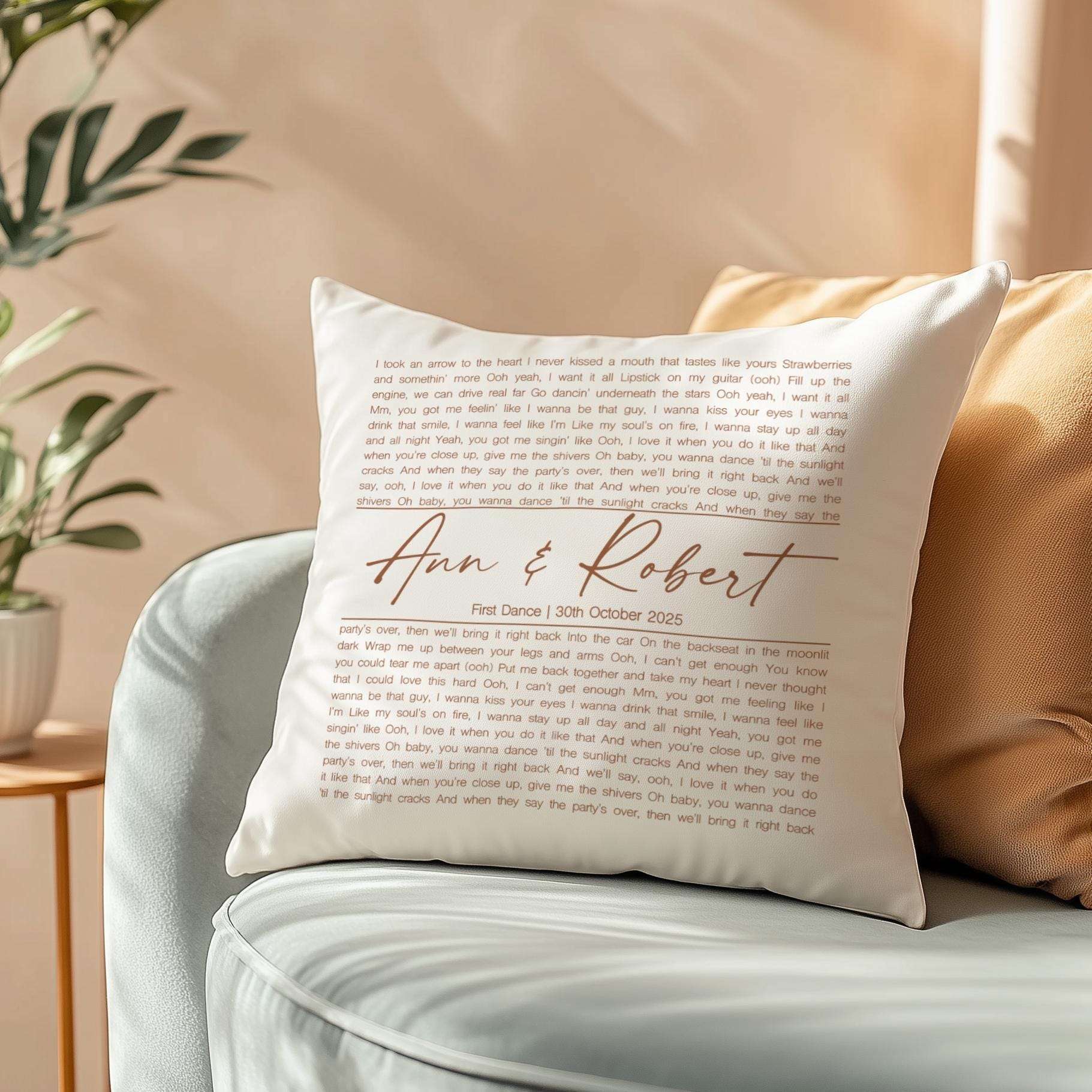 Personalised cushion featuring custom song lyrics in a spiral design, perfect for a wedding anniversary gift for a couple