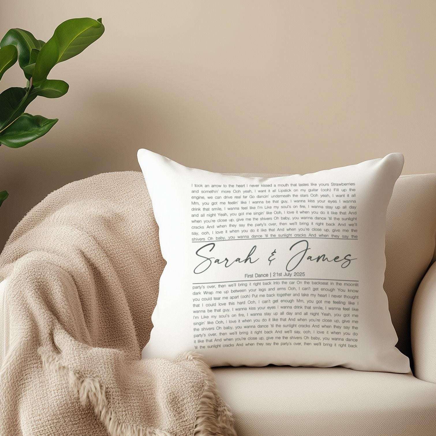 Personalised cushion featuring custom song lyrics in a spiral design, perfect for a wedding anniversary gift for a couple