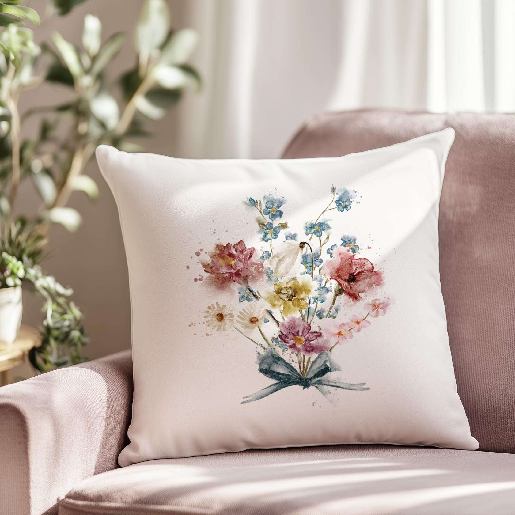 Personalised family cushion featuring a watercolour bouquet of birth month flowers with family and individual names