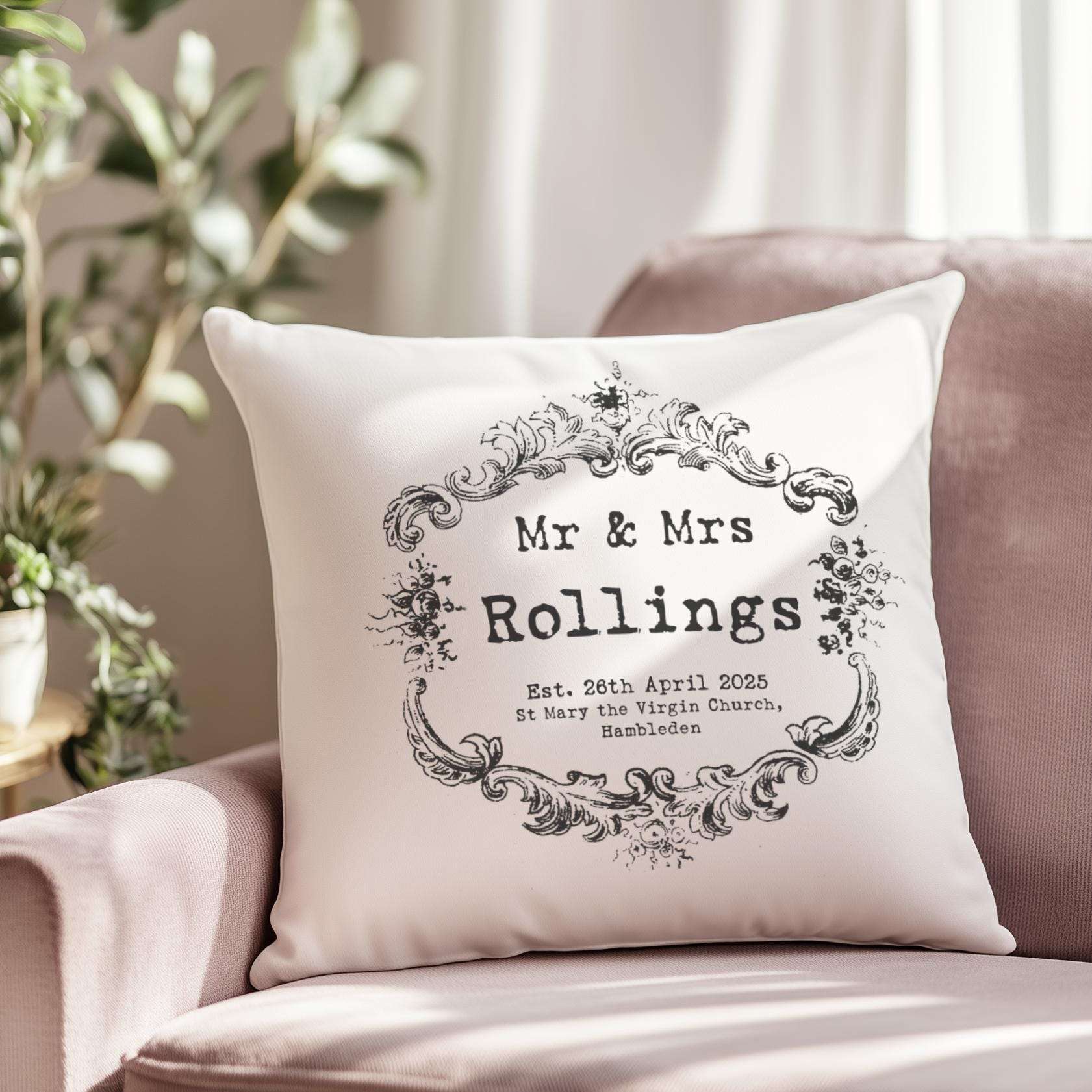 Vintage style 'Mr & Mrs' personalised cushion with custom names and wedding date