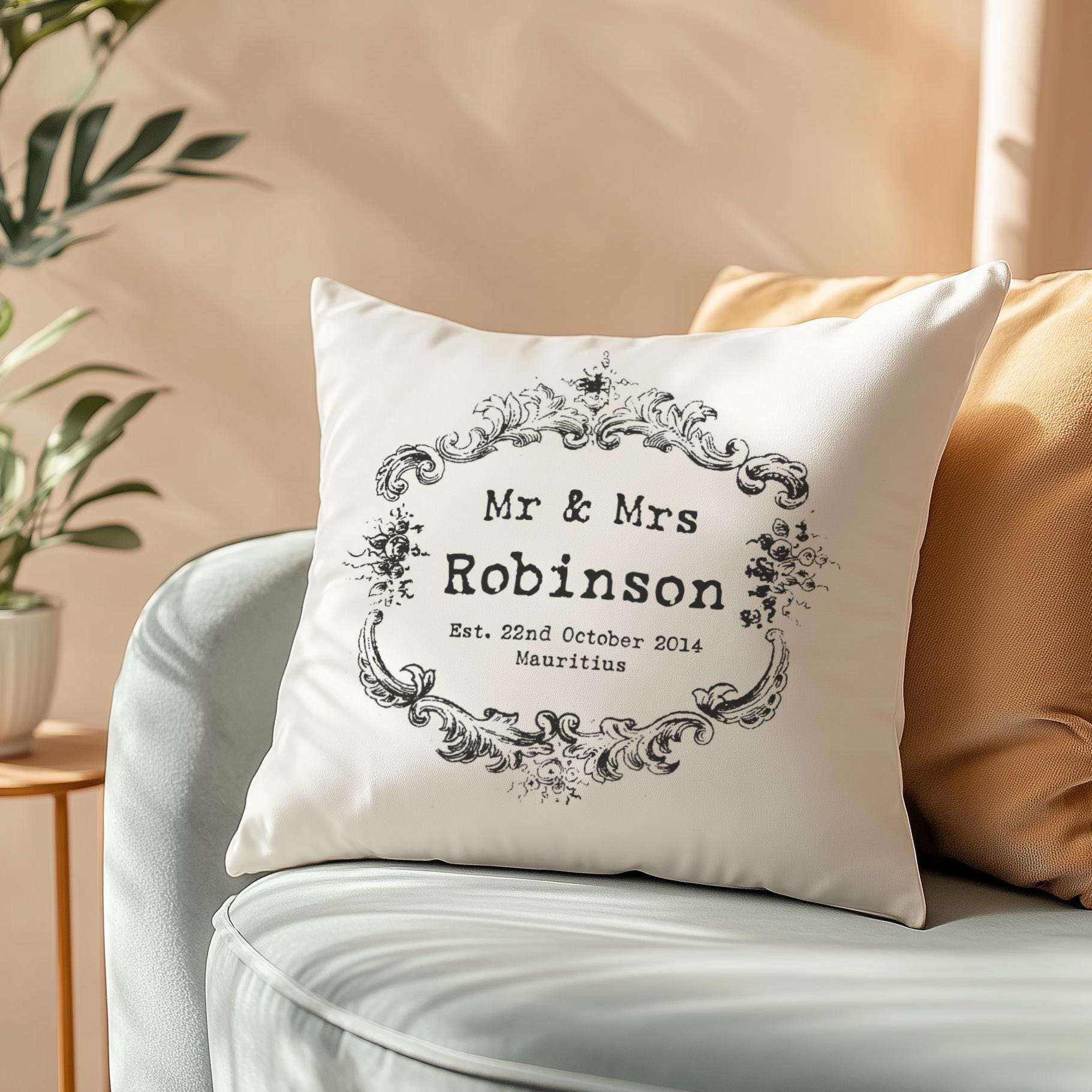 Vintage style 'Mr & Mrs' personalised cushion with custom names and wedding date