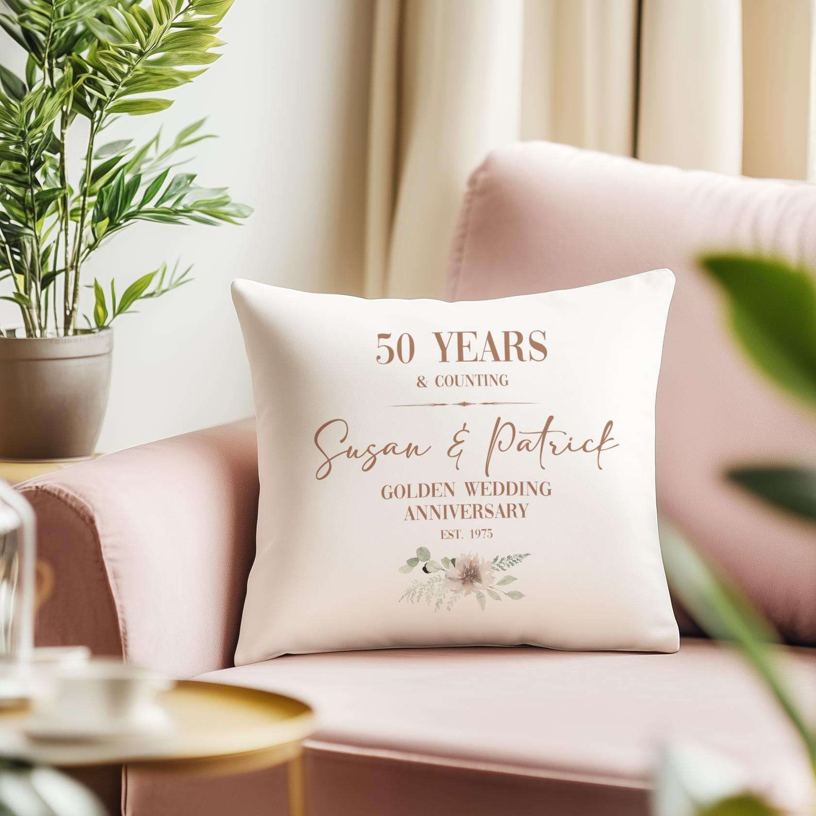 Personalised golden 50th wedding anniversary cushion for a couple, customised with names and a significant date