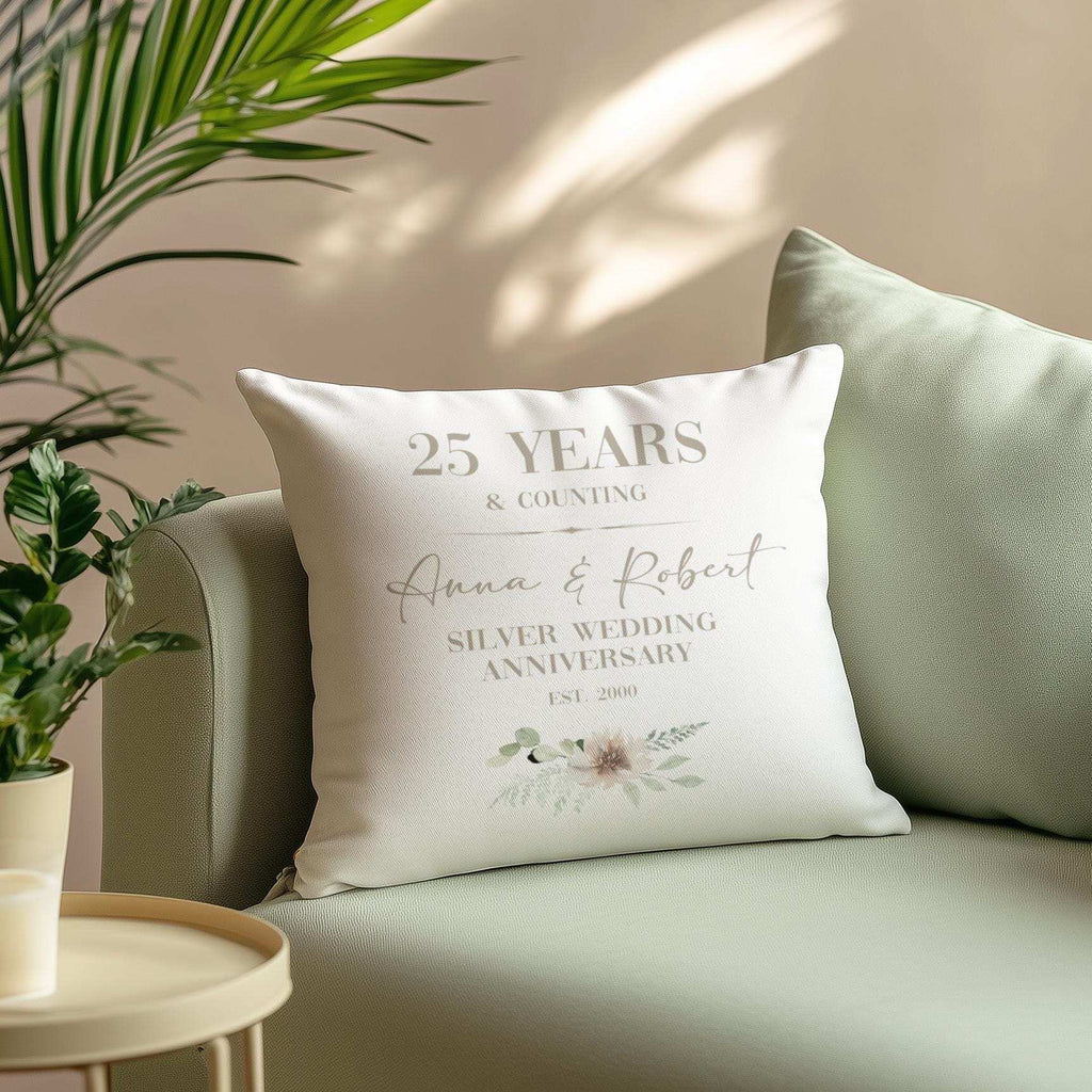 Personalised silver 25th wedding anniversary cushion for a couple, customised with names and a significant date