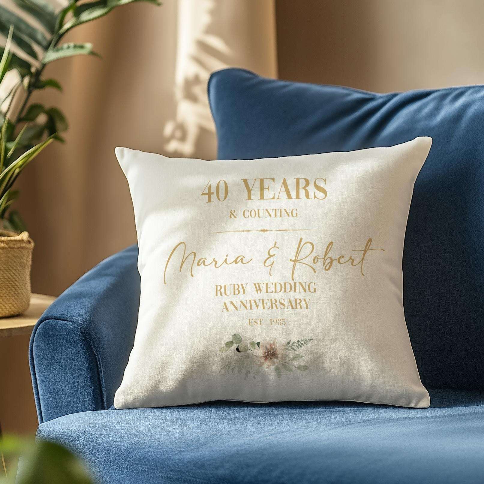 Personalised ruby 40th wedding anniversary cushion for a couple, customised with names and a significant date